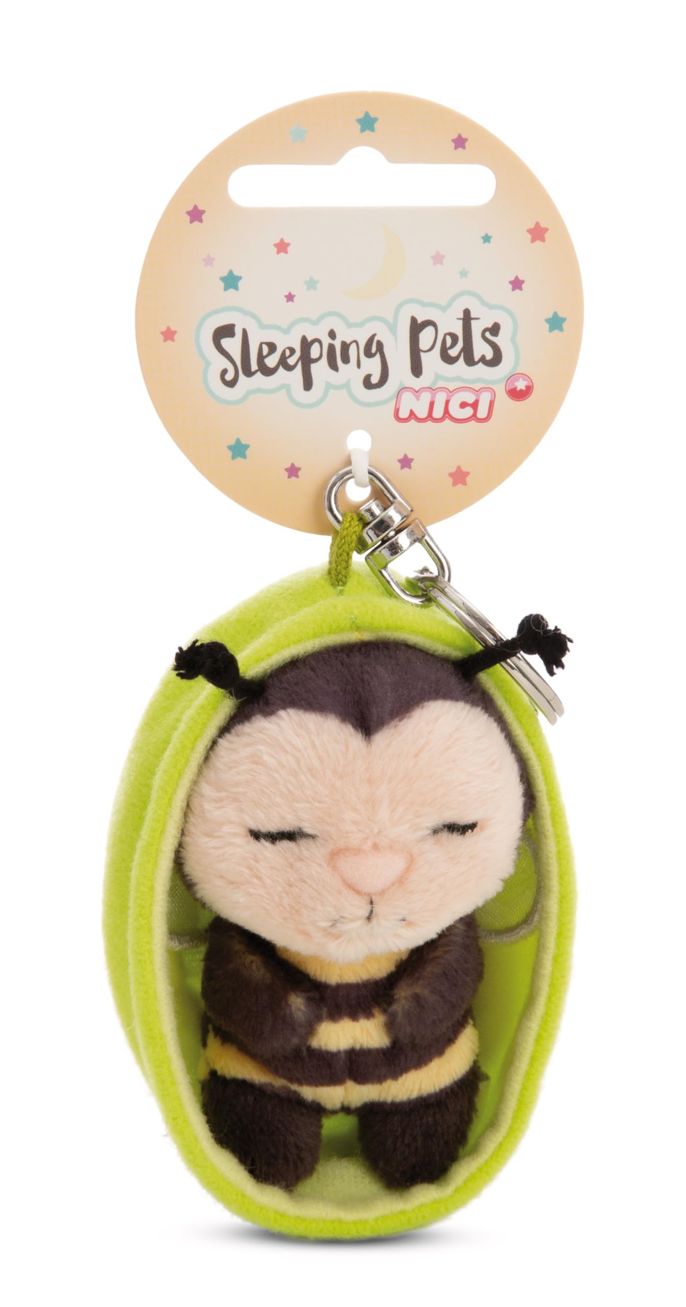 NICI Sleeping Pets Keyring, Bee in Basket Keyring, Yellow, 8 cm, Loyal Companion for Backpack or Bag, Key Holder for Kids and Adults, 61609