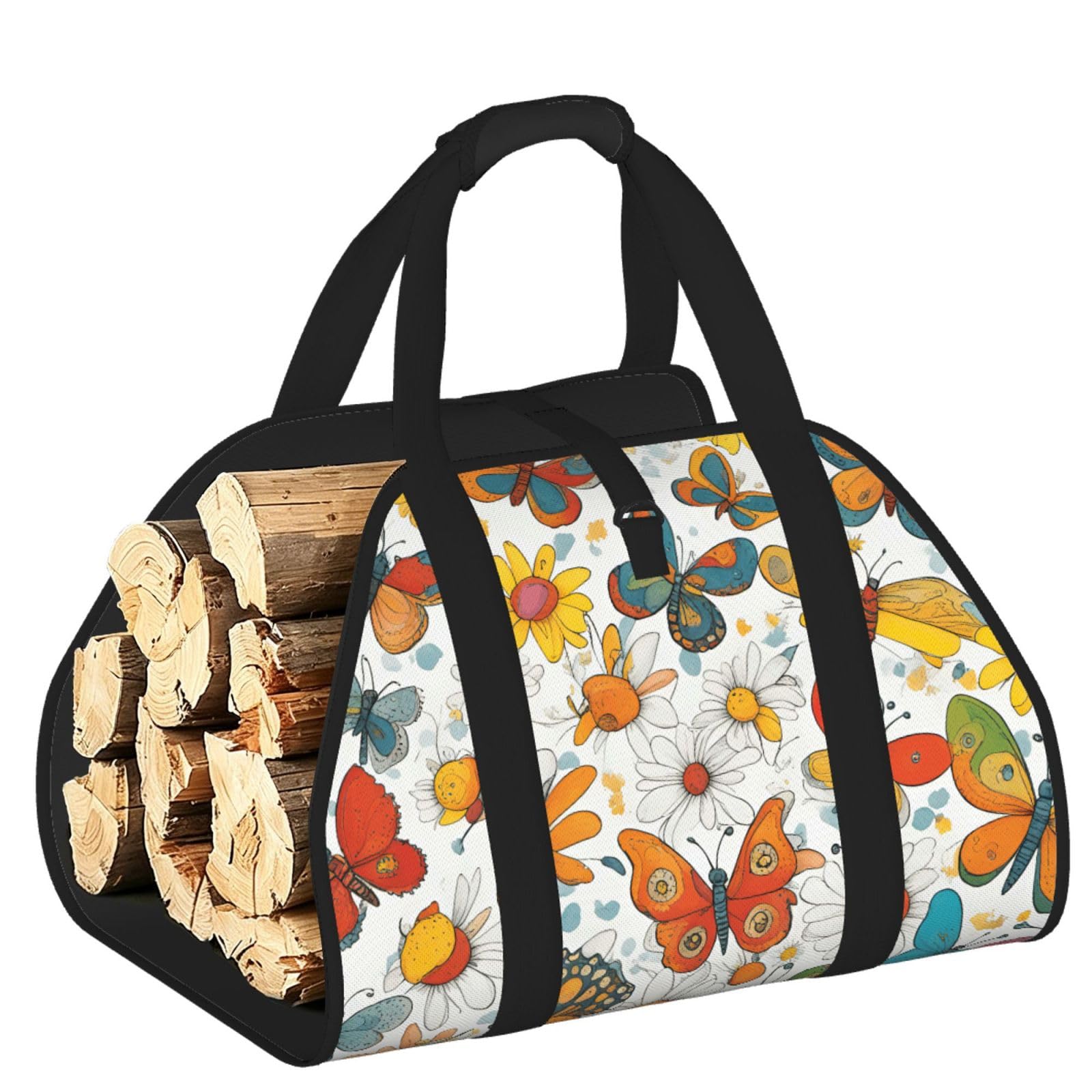 Ayyqwe Black Butterfly Daisy Print Firewood Bag Wood Waterproof Versatile Camping Picnic Storage Daily Home