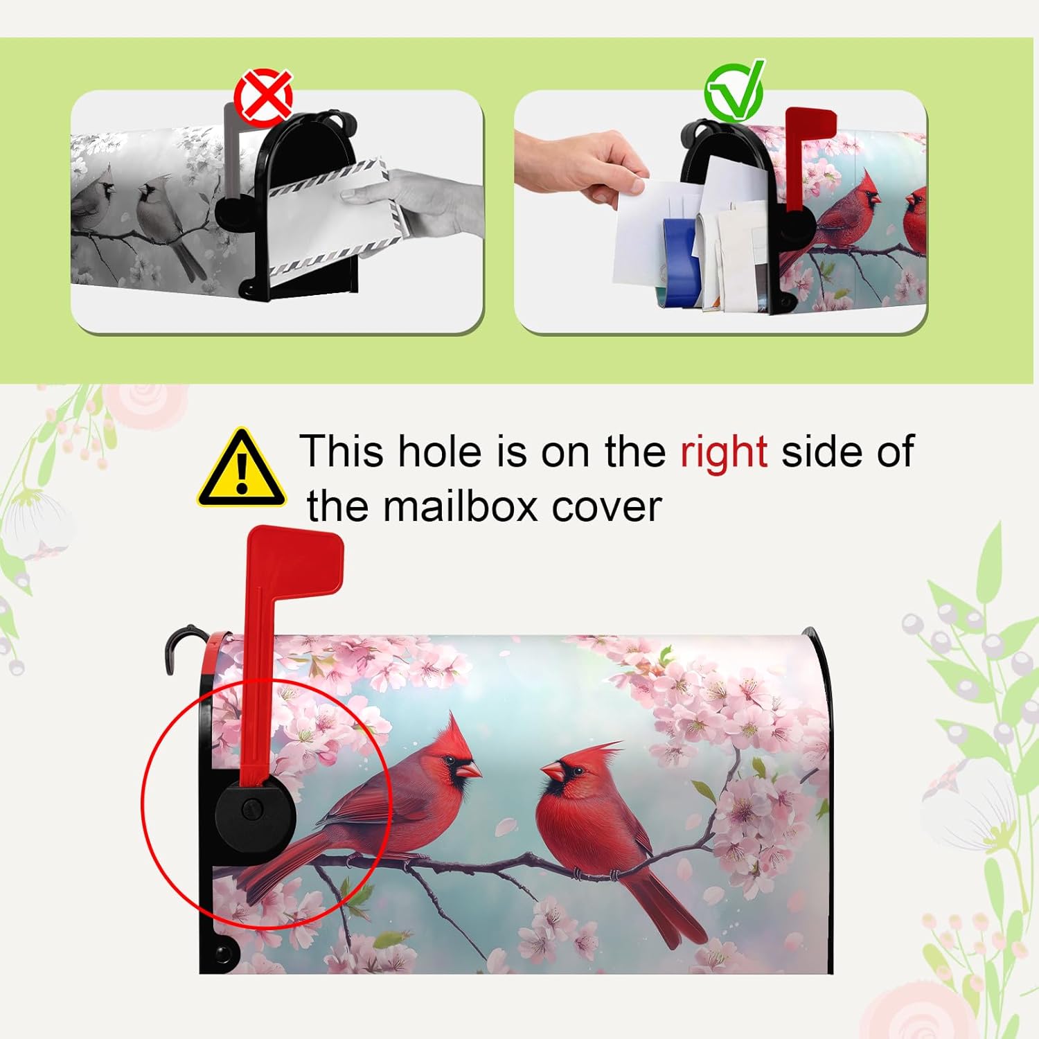 Cardinal Mailbox Cover Magnetic Spring Cherry Blossom Birds Design Summer Mailbox Covers Waterproof Floral Nature Red Cardinal Bird Mail Box Wrap for Farmhouse Decor Standard Size 21x18 Inch