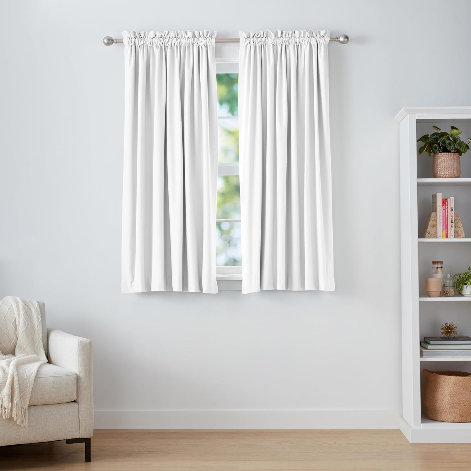 Amazon Basics Room Darkening Blackout Window Curtain with Rod Pocket and Tie Back, 52 x 63 Inches, White - Set of 2