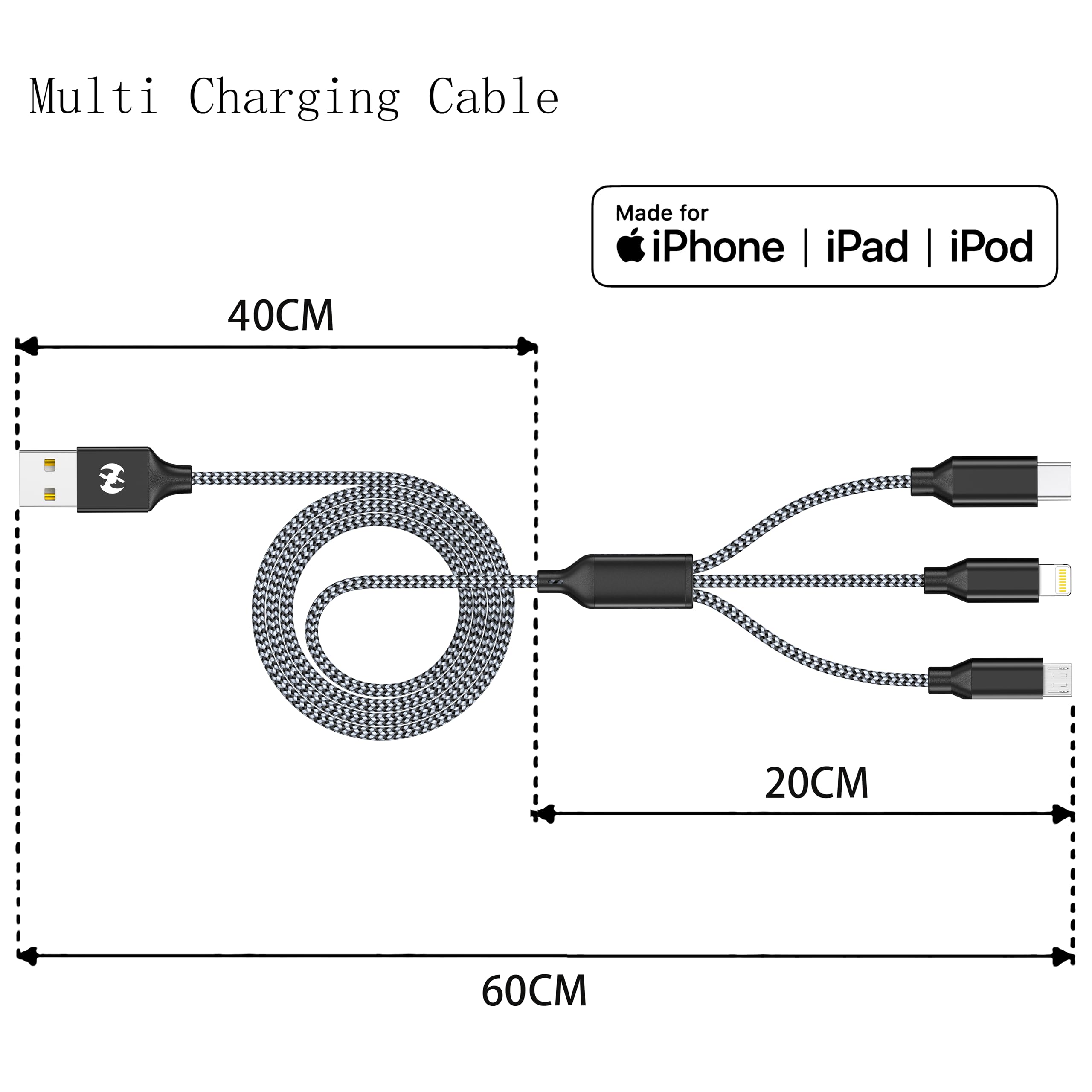Cavo di ricarica multiplo lungo (3 m, 2 pezzi) Cavo di ricarica multiplo, cavo di ricarica rapido in nylon intrecciato, cavo di ricarica USB 3 in 1, cavo di ricarica multi telefono con connettori USB