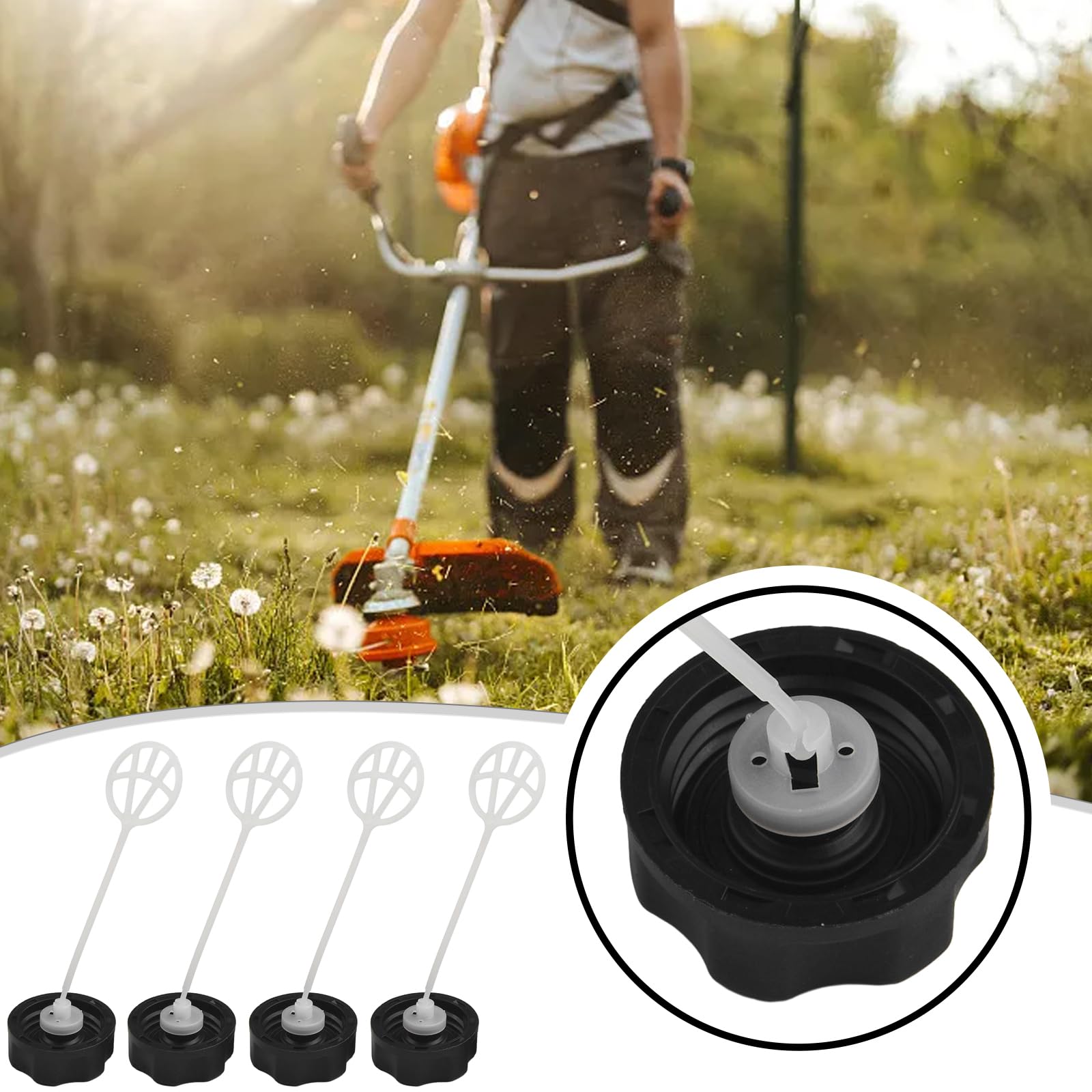Paquete de 4 tapas de combustible para malezas, cortador de cepillo de gas, bordeadora de césped, cortasetos, tapa de plástico negro para 43 CC, 52 CC, CG430, CG520, BC430, BC520