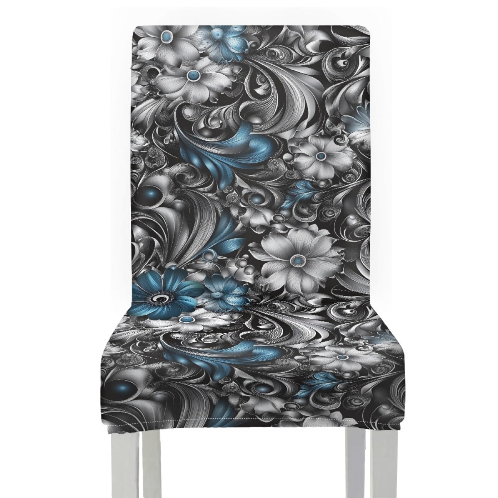 Stuhlüberzieher Graublaue Blume Stuhl Überzieher Stuhlhussen 6er Set | Spandex Stuhl Hussen Waschbar Abnehmbare Stretch Hussen für Stühle Langlebig Stuhlbezug Universal für Küche,Restaurant,Hotel