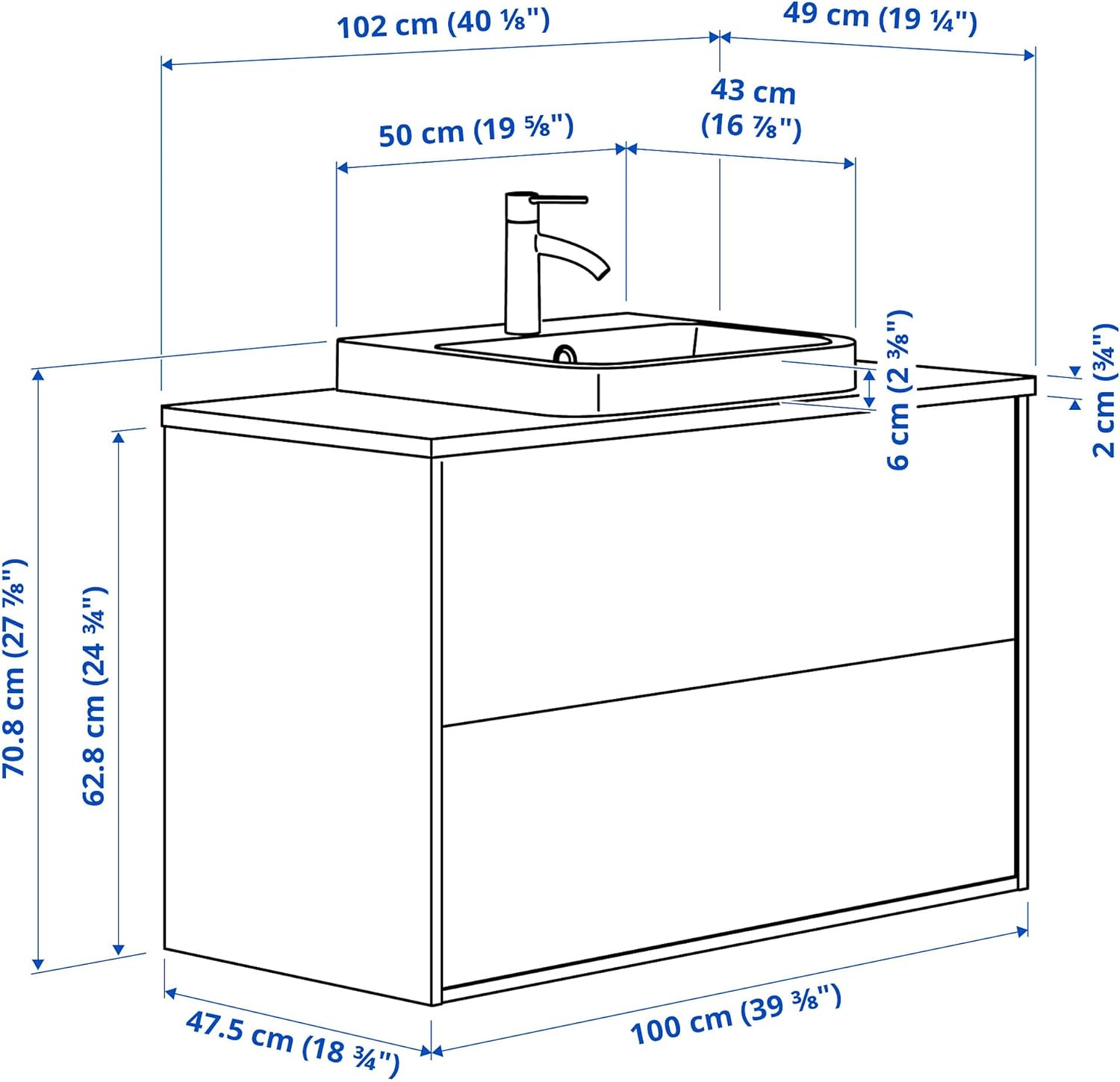 BackSJÖN/NGSJÖN Washbasin with Drawer, Tap, Oak Effect/Black Marble Effect, 40.2 x 19.3 x 28.0 inches (102 x 49 x 71 cm)