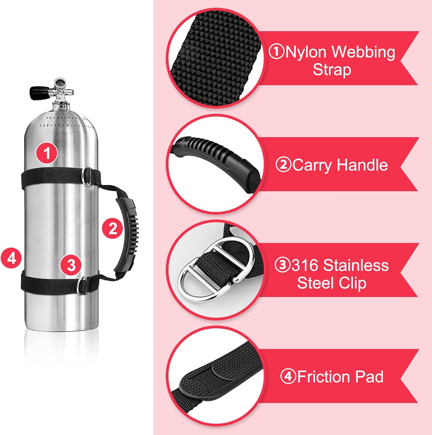 Diving Tank Carrier, Scuba Tank Holder with Heavy-Duty Webbing | 316 Stainless Steel Adjustable Air Cylinder Carrier Strap with Ergonomic Handle, Non-Slip Pad, and Dive Flag Design Black