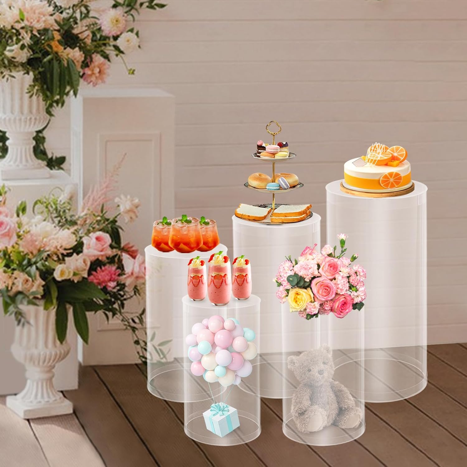 White Cylinder Stands, PVC Round Party Pedestal Stands Set, 3 Pac 5 Pcs Reusable Dessert Display Tables, Flower Plant Display Plinth Pillars for Wedding Birthday Event Decor (5 PCS)