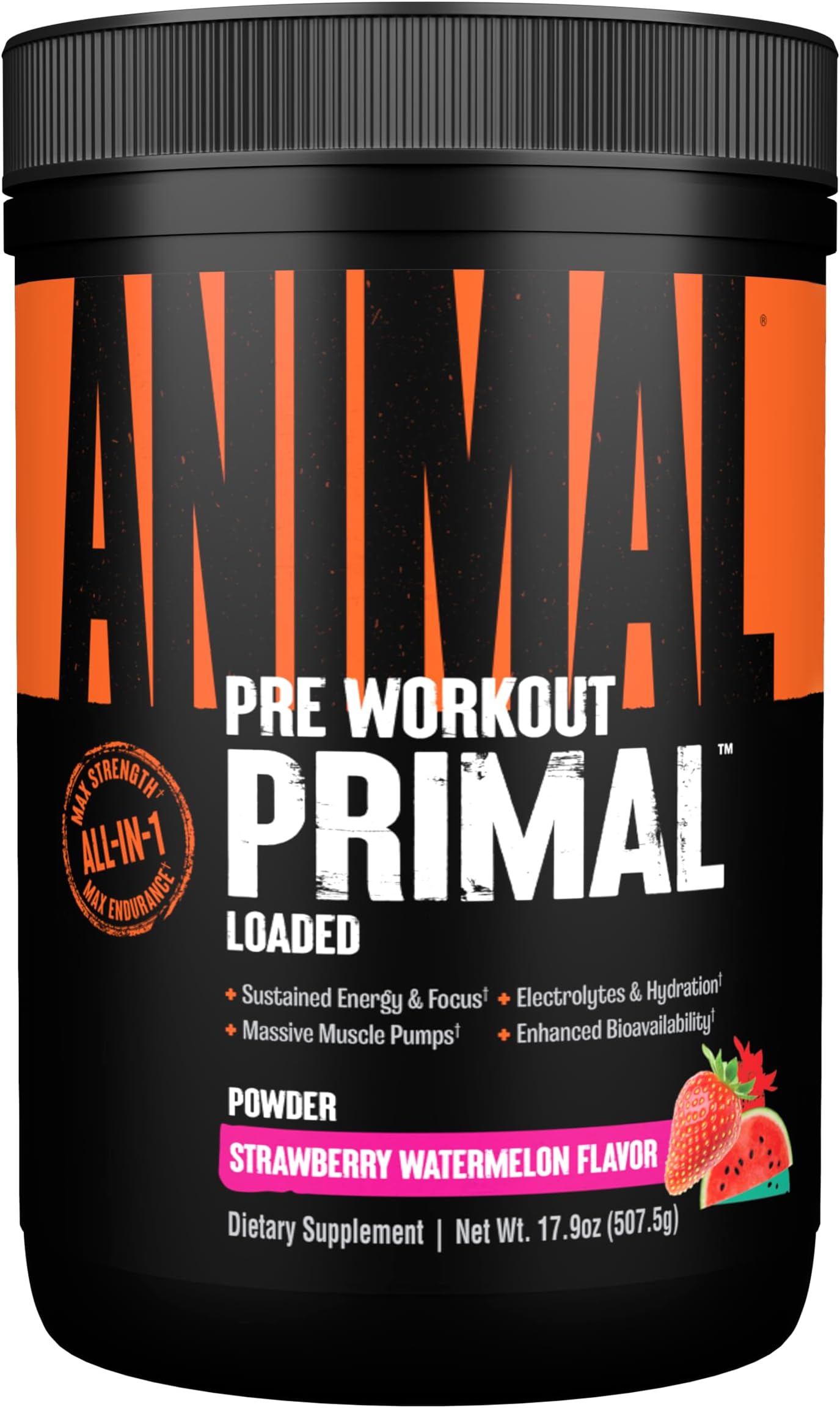 Primal Muscle Hydration + Preworkout Powder – Contains Beta Alanine, 3DPump, Caffeine & Electrolytes – Improves Energy, Focus, Endurance & Absorption – Strawberry Watermelon Flavor, 17.9 oz