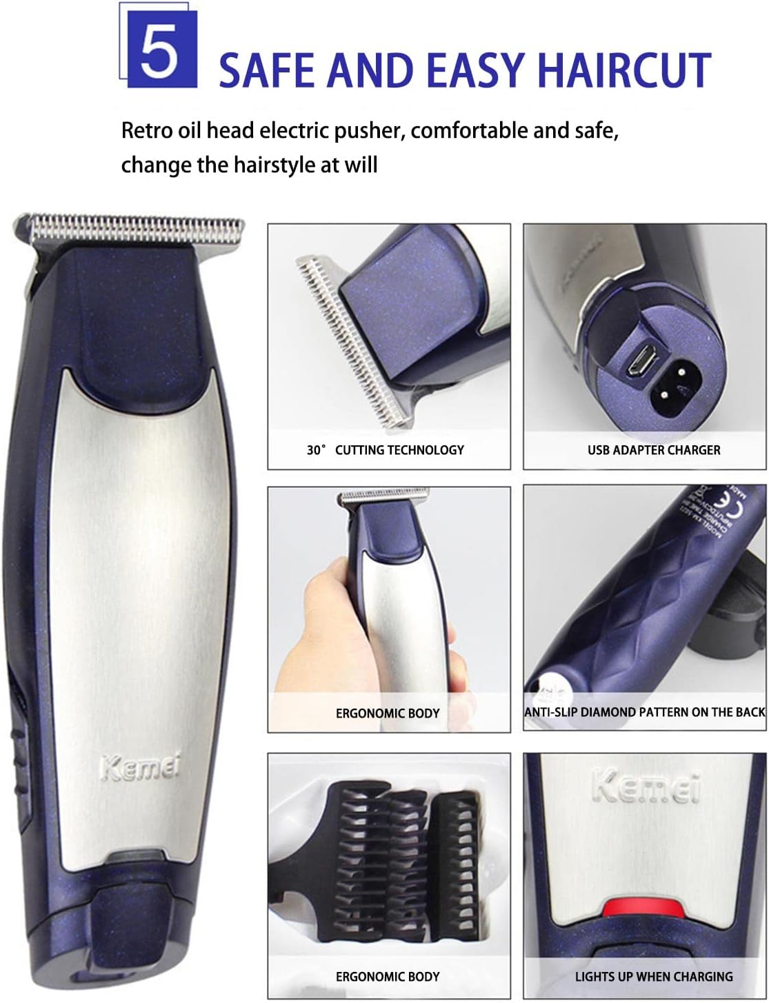 KEMEI KM-5021 Trimmer highlighting 30 degree cutting technology, ergonomic body, anti-slip design, and charging indicator