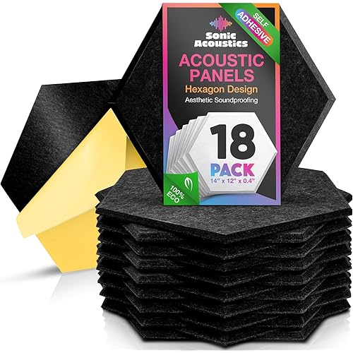 Acoustic Panels 18 Pack Soundproof Wall Panels, 14" X 12" X 0.4" Sound Proof Panles, High-Density Wall Decoration Sound Absorbing Panel, Hexagon Wall Panel for Home Office with Self-Adhesive (Black)