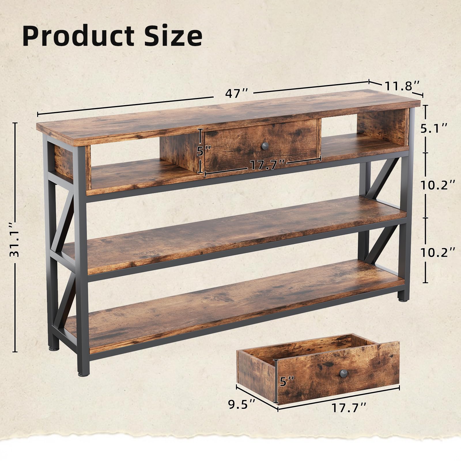 Tavolo Consolle Mexin Con Cassetto E 3 Ripiani - 119 Cm - Stile Industriale Legno E Metallo - Per Ingresso, Soggiorno O Corridoio - Marrone Rustico