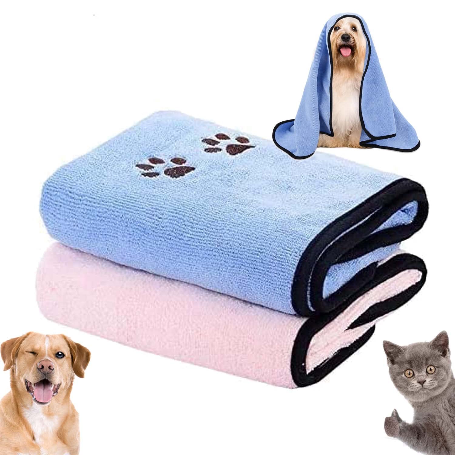 SYOSI Microfiber Quick Drying Dog Towel 2 Pcs - Large Super Absorbent Bath Towel for Dogs and Puppies