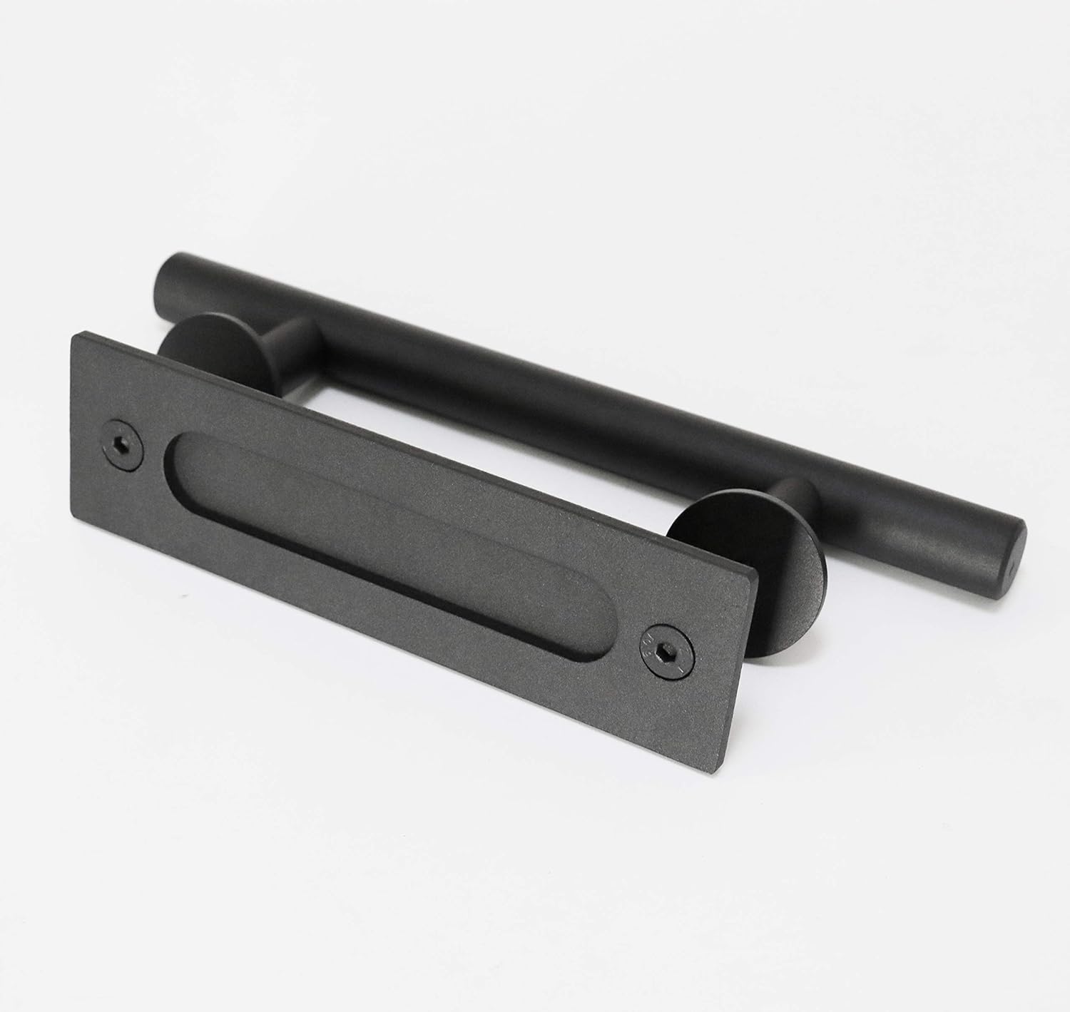 Matte Black Sliding Barn Door Handle Offset Handle Door Pull and Rectangular Flush Oval Inner