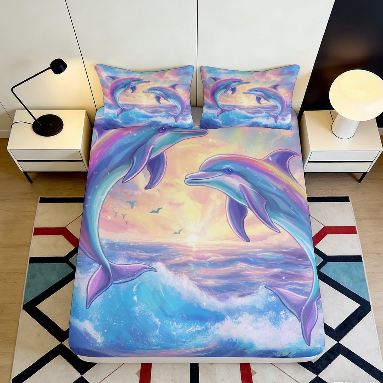 3D Printed Sunset Dolphin Fitted Sheet Microfiber Soft Ocean Wave Mattress Cover for Bedroom Guestroom Decor 90x200x25cm