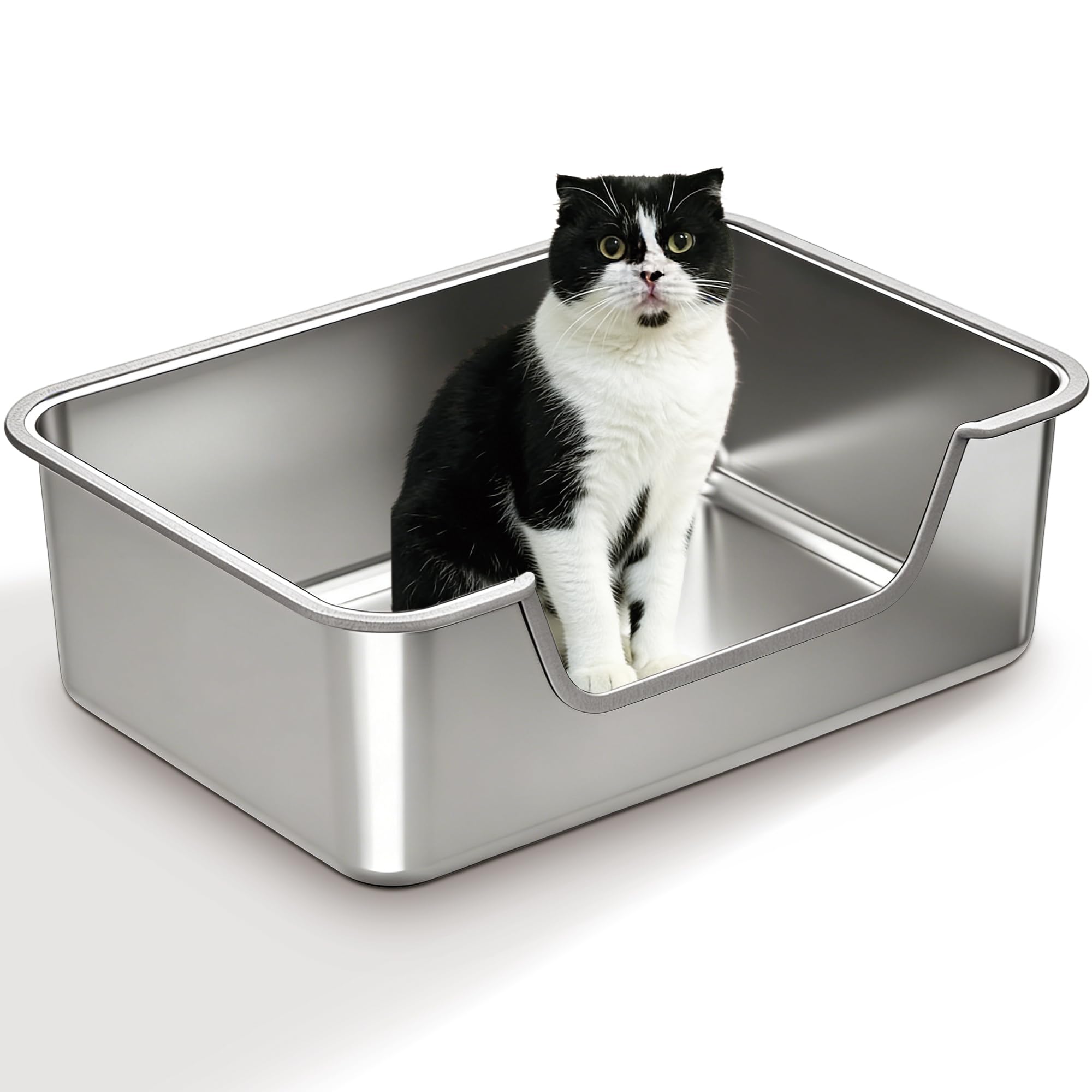 Vealind Stainless Steel Cat Litter Tray Large Metal Cat Litter Box with Low Entry & High Sides for Kitten Senior Kitty and Arthritis Cats