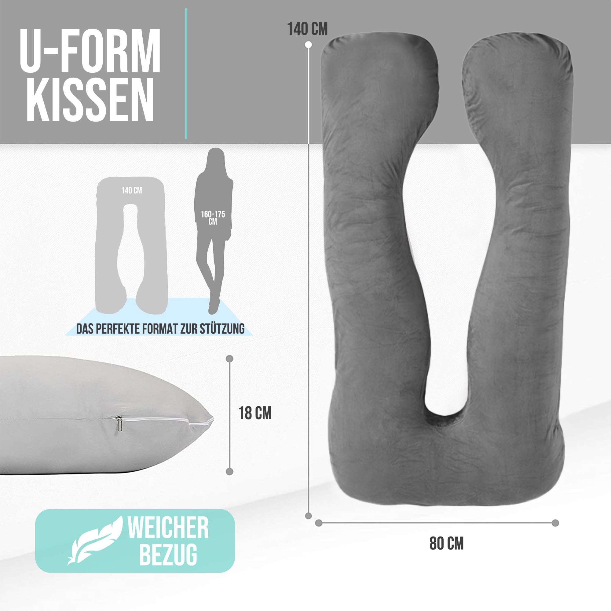 Strex Schwangerschaftskissen XXL - 280cm - Abnehmbarer Bezug - Seitenschläferkissen/Body Pillow/Körperkissen/Stillkissen