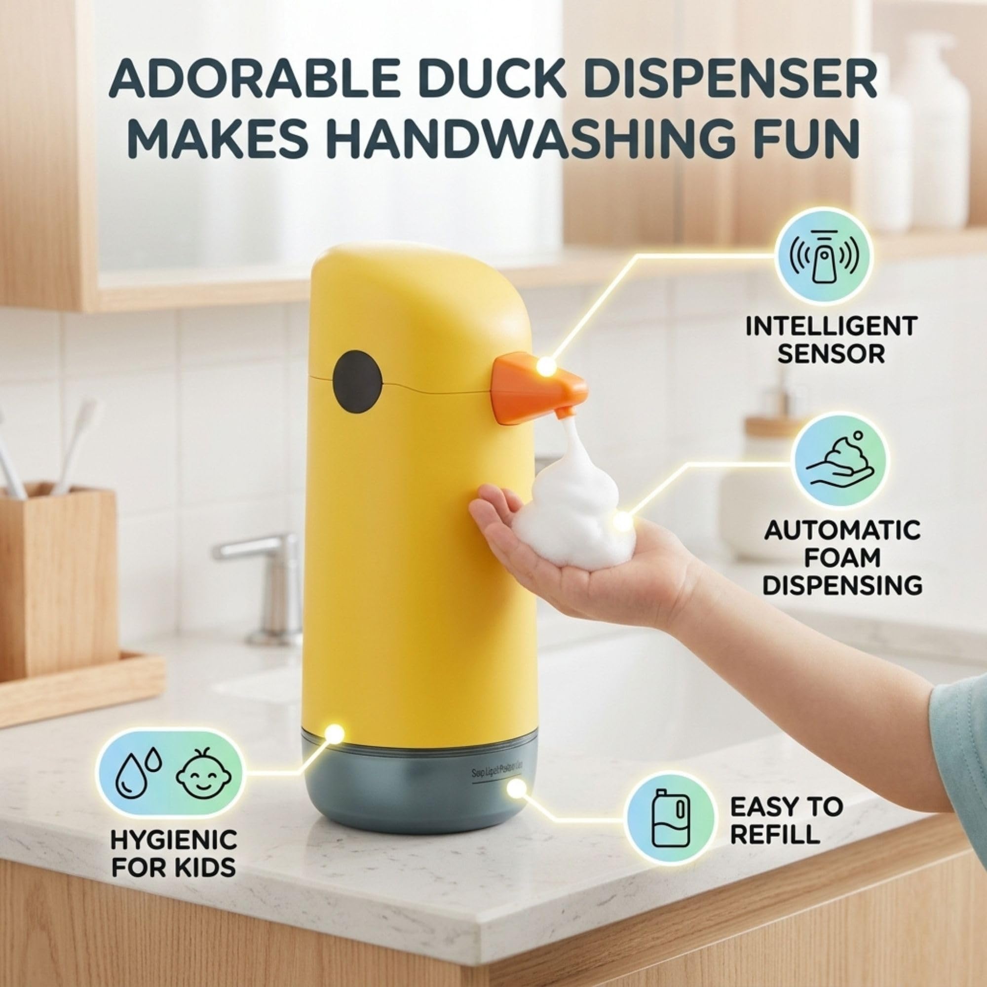 Sxhlseller Dispenser Automatico di Sapone Touchless per Bambini, Simpatico Dispenser di Sapone in Schiuma di Anatra Gialla con Sensore Intelligente, Uscita di Schiuma Regolabile e Livello del