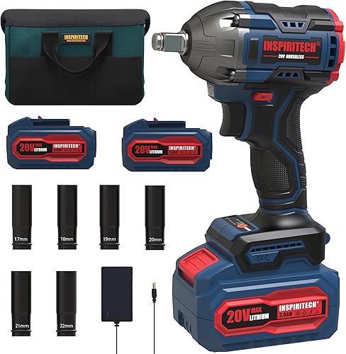 Llave de impacto inalámbrica, pistola de impacto sin escobillas de 1/2 pulgada con par máximo de 410 N.m (300 pies-libras), 2 baterías de iones de