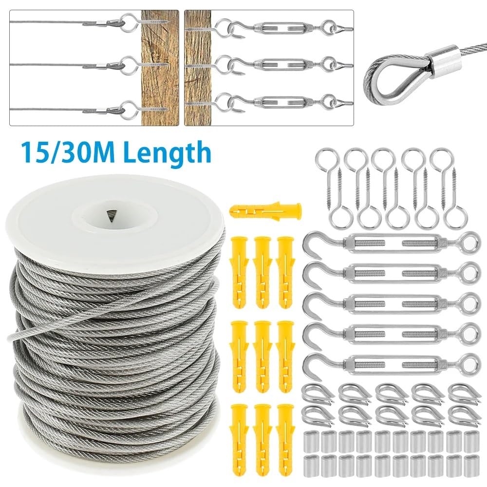 Cable metálico Kit de barandilla de Cable de Imagen de 15M/30M, Tornillo de Ojo de Tornillo de Alta Resistencia for jardín, Tensor de Alambre, colador, Cuerda de Cable recubierta(30M)