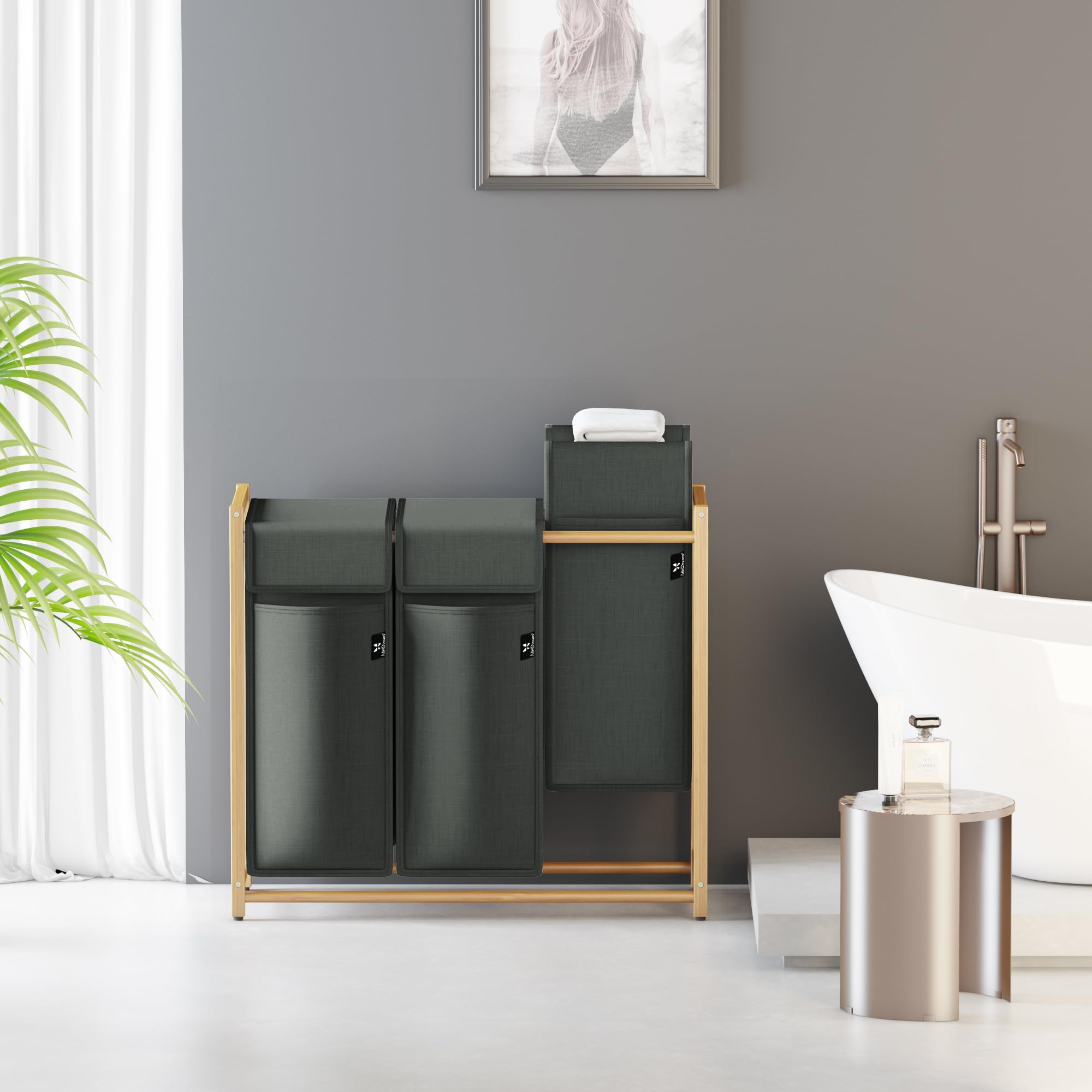 AdelDream Cesto per Biancheria, Separatore per Vestiti, 3 Scomparti, Carrello per Biancheria con Tasche Rimovibili, Bambù 150 L, Grigio Scuro