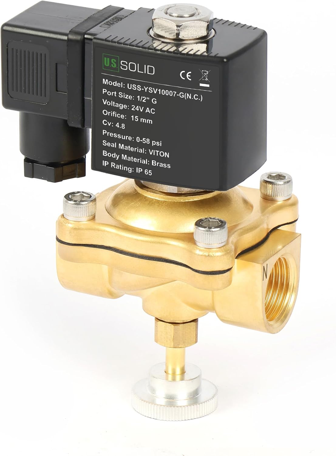 U.S. Solid Brass Electric Solenoid Valve, Manual Override, Normally Closed (1/2", 24V AC)