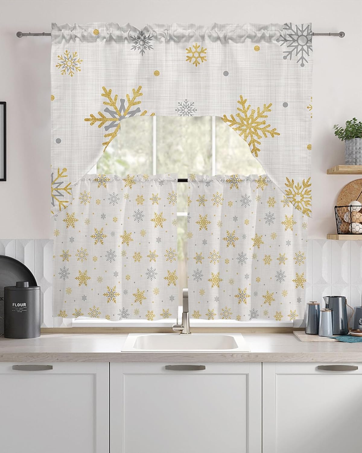 Golden Snowflake Swag Kitchen Curtain Sets with Valance, 3 Pieces Rod Pocket Curtain Drapes for Bedroom Living Room Bathroom Cafe Windows, Merry Christmas Retro Grey 56''x36'' & 24''x27.5''x2Panels