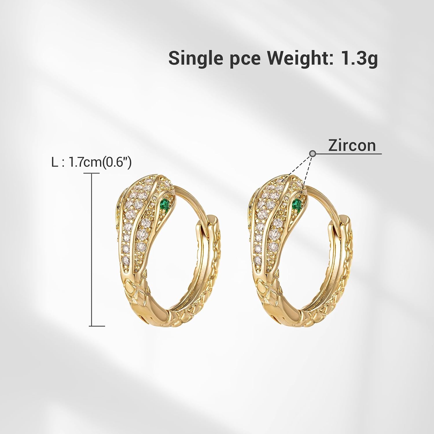 14K Gold Plated Snake Huggie Earrings Green Cubic Zirconia Petite Elegant Daily Jewelry