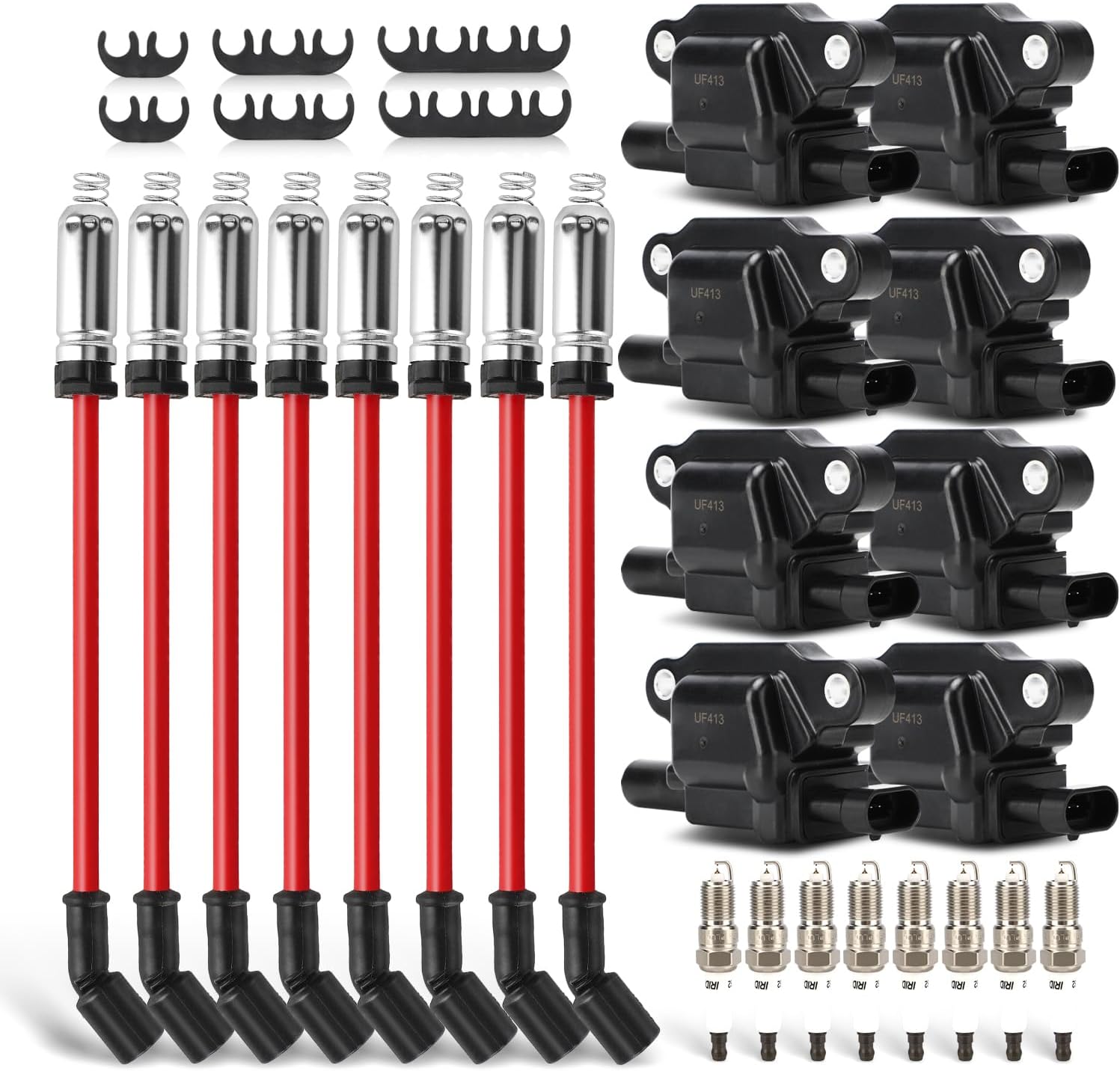 UF413 Ignition Coils Pack & Double Iridium Spark Plugs & 10.2MM Spark Plug Wires for Buick Rainier/Cadillac Escalade CTS/Chevy Silverado Impala Suburban Tahoe/GMC Envoy Sierra Yukon/Hummer H2 H3
