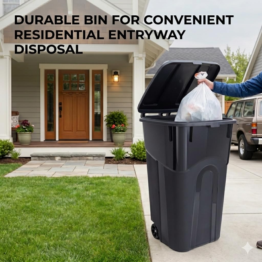 32 Gallon Wheeled Trash Can with Attached Lid, Heavy Duty Plastic Outdoor Garbage Receptacle with Ergonomic Handle and Bottom Lift Groove, Black