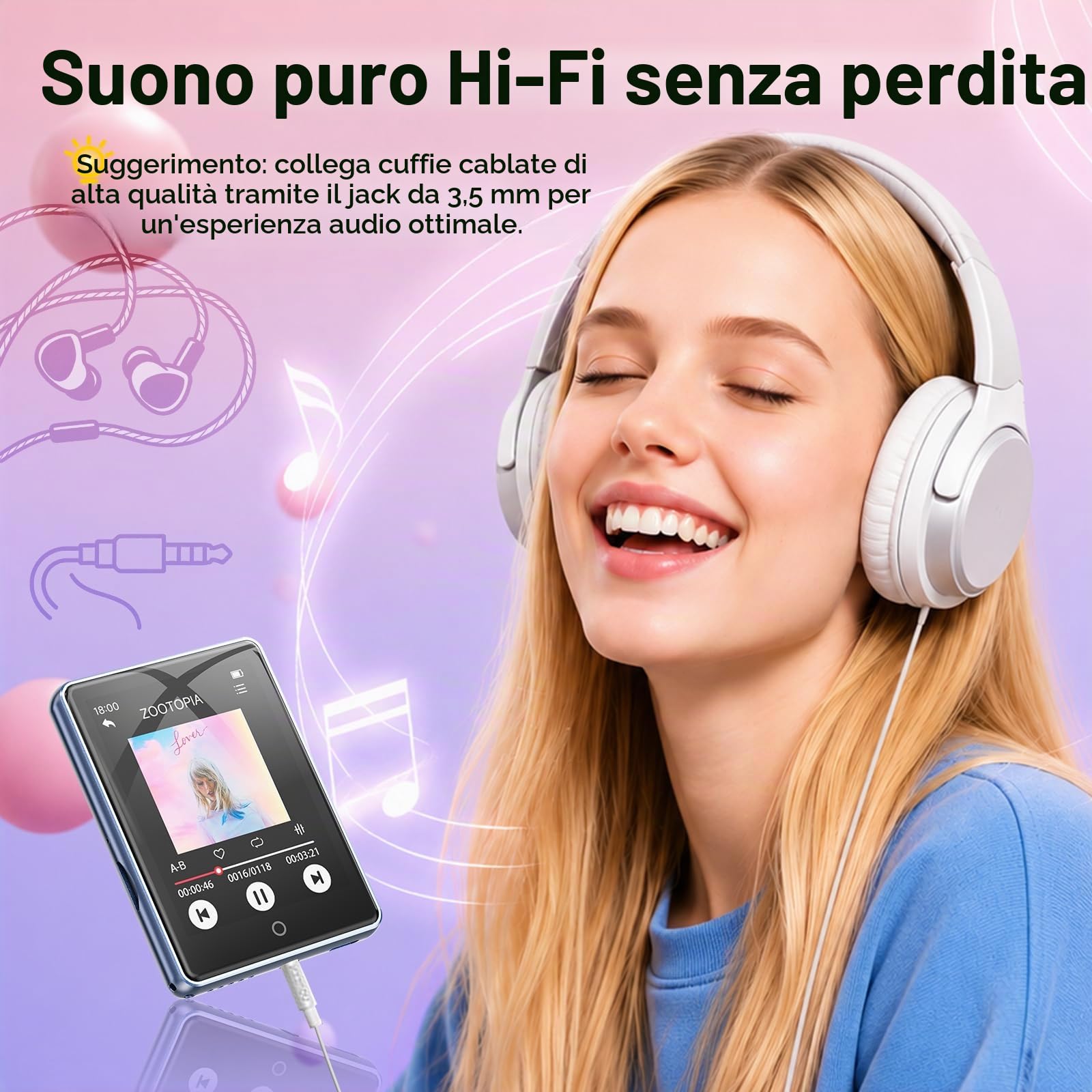 Lettore MP3 Bluetooth 5.3 con Schermo Touchscreen Completo da 2,8 Pollici, Altoparlante Integrato, 32GB (Supporta Fino a 128GB), Riproduttore Musicale HiFi Senza Perdita con Radio FM | Alloggiamento in metallo e design portatile, altoparlante, espandibile