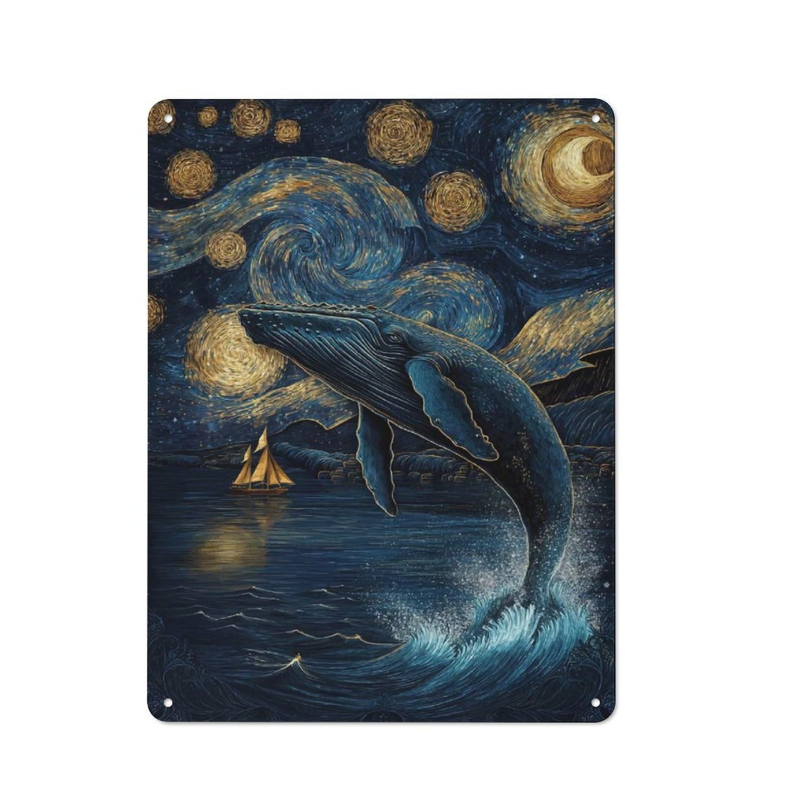 Whale Under Starry Night Country Metal Wall Decor 40x30cm, Country Metal Sign for Kitchen, Cottage, Porch Or Garden Room