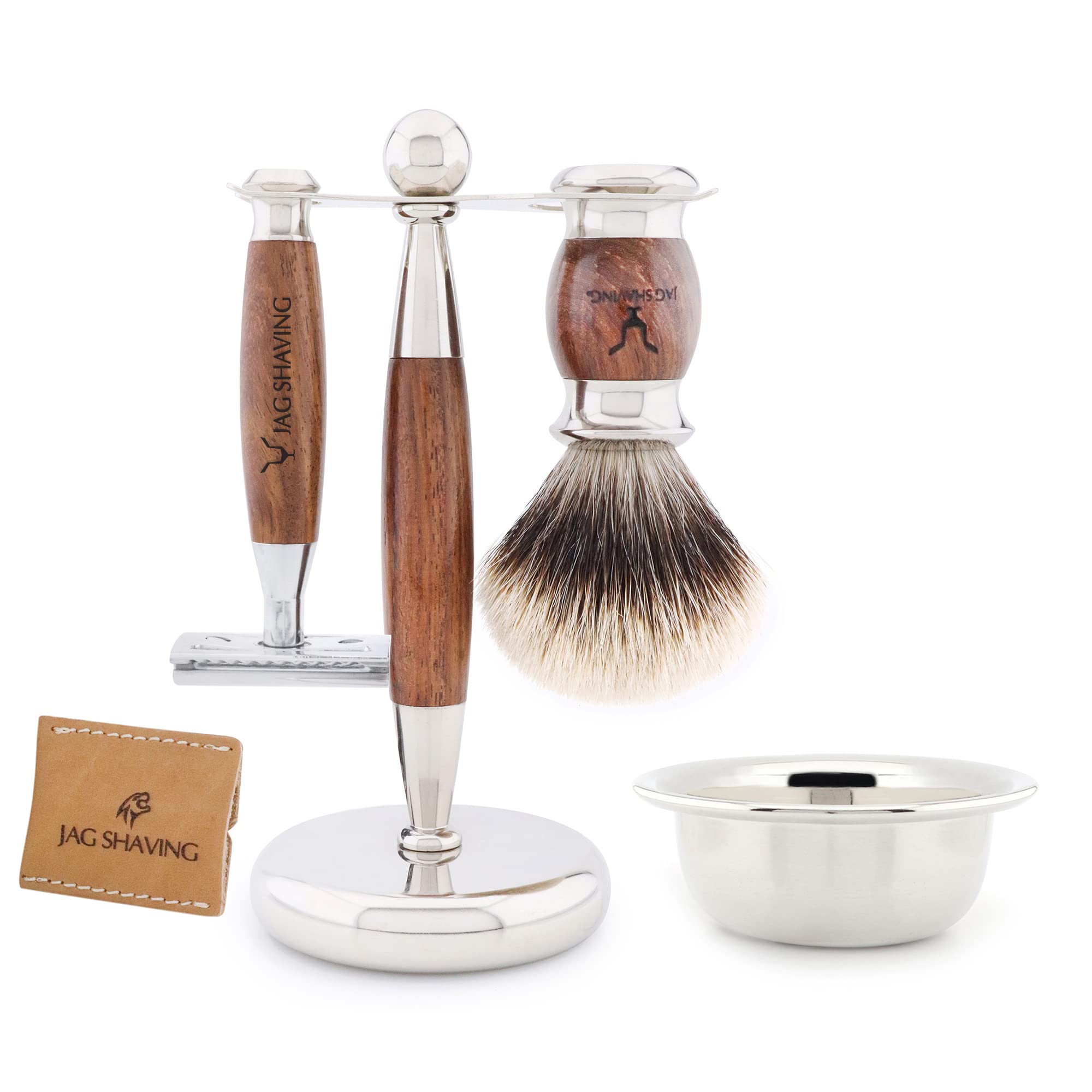 Jag Shaving zestaw do golenia - JAG's LEE Range 5-częściowy zestaw do golenia - szczotka do golenia z włosia borsuka - podwójna krawędź maszynki do golenia - torba skórzana na maszynki do golenia - zestaw drewna