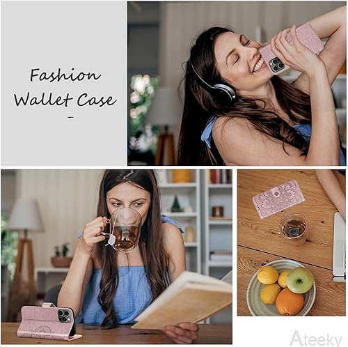 Miniatura 7 de Ateeky Funda tipo cartera para iPhone 15 Pro Max, función atril, funda protectora de piel sintética con ranura para tarjeta de crédito cierre