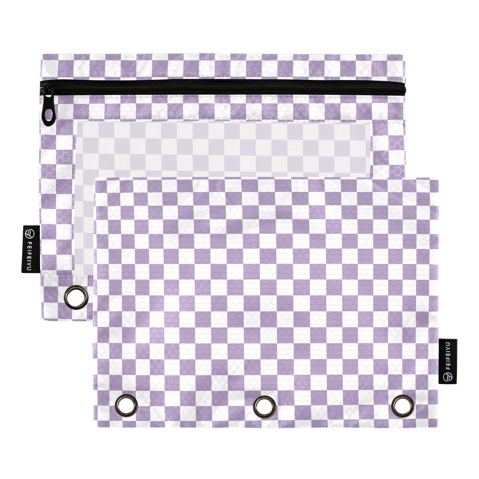 Emelivor Purple Checkered Pencil Pouch for 3 Ring Binder 2 Pack Large Capacity Pencil Pouches with Zipper Clear Binder Pencil Case Bag for Office