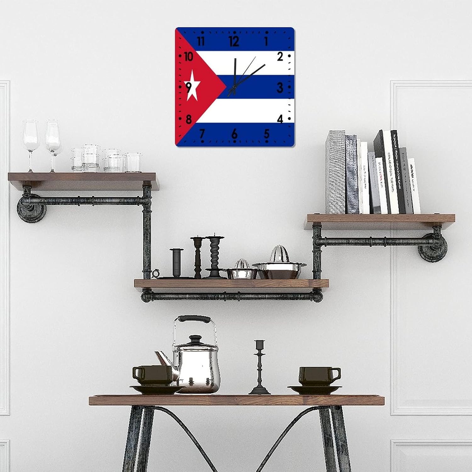 Square Clock Cuba Flag Wall Clock 10 Inch, Silent Non-Ticking Clock, Battery Operated Accurate PVC Wall Clock Decorations for Farmhouse Home Office, Made in USA