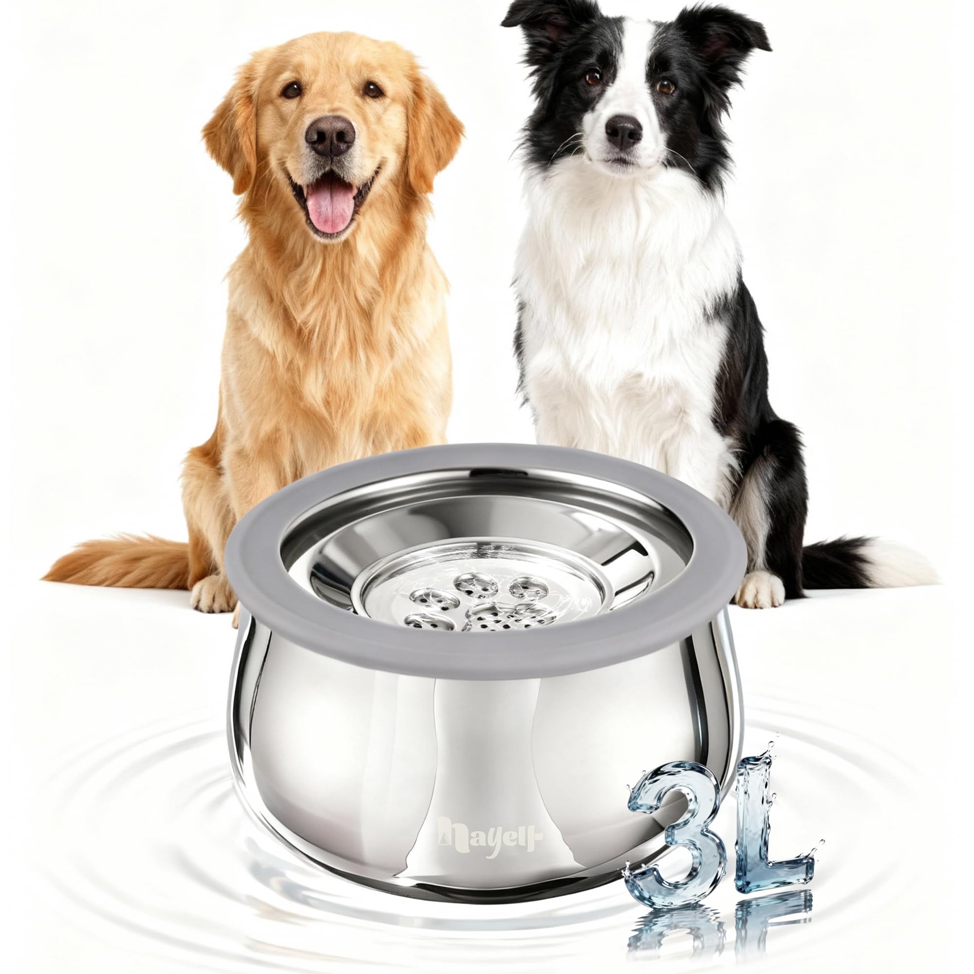 3L Wassernapf Hund ohne Sabbern, Doppelwandige Edelstahl Trinknapf Hunde, Anti Schlabber Hundenapf mit Rutschfester Boden, Auslaufsicher, Spülmaschinenfest (3L)