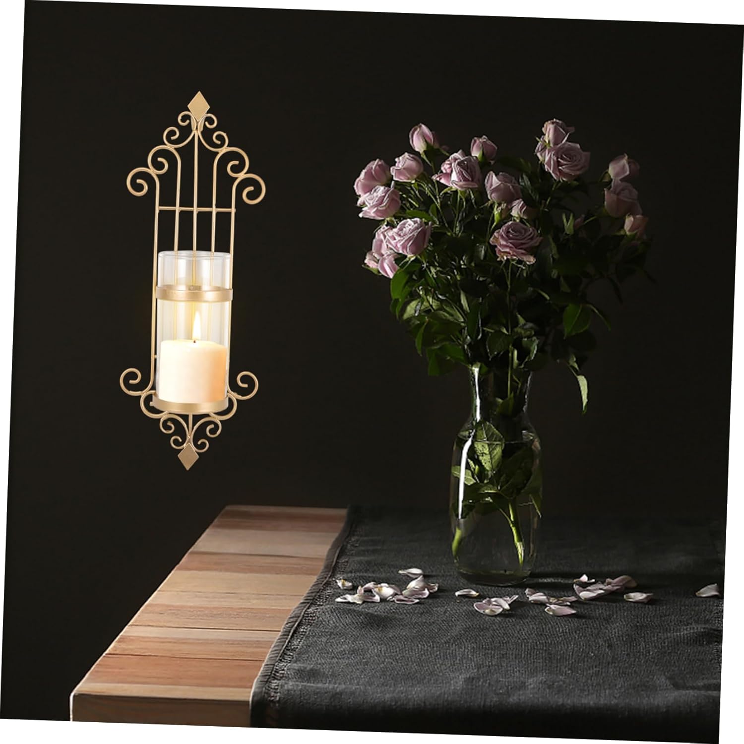 PRETYZOOM Rose Gold Wrought Iron Wall Candle Holders Elegant Decorative Sconce for Home Decor Wedding and Party Unique Glass Candle Stand for Fireplace and Bathroom