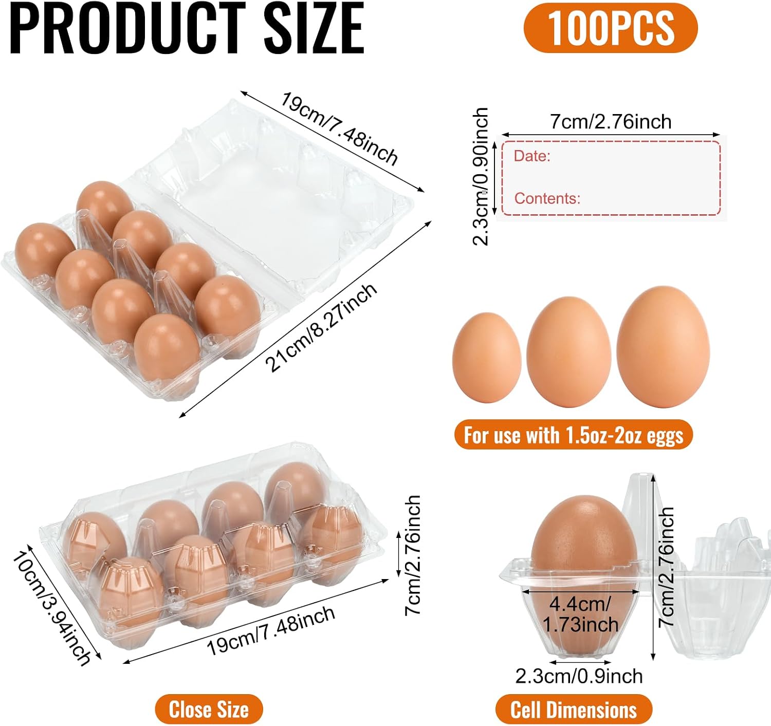 8 Count Clear Plastic Egg Cartons with Date Labels - Reusable PET Egg Holders for Farm, Kitchen, Storage & Crafts - Durable, Stackable (100)