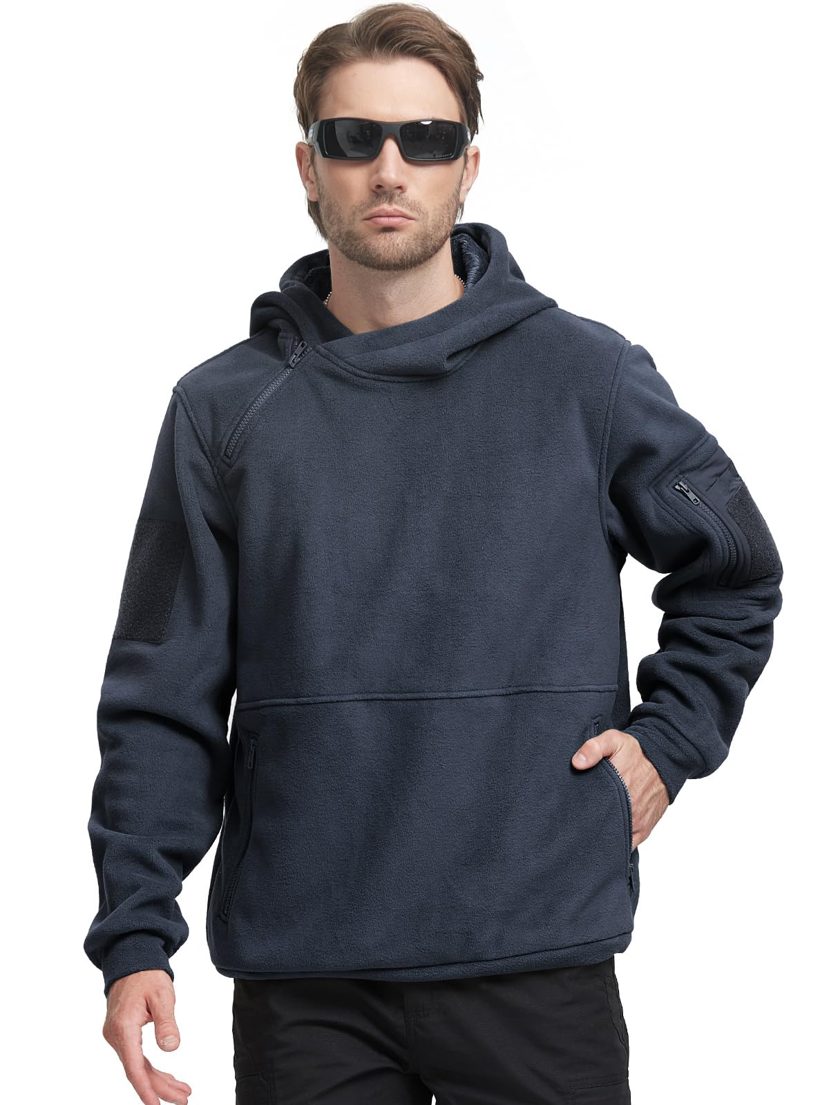 FREE SOLDIER Zimowa bluza z kapturem, męska, ciepła bluza z kapturem, z zamkiem błyskawicznym 1/4, wiatroszczelna, taktyczna kurtka robocza, kurtka outdoorowa, niebieski morski, 3XL