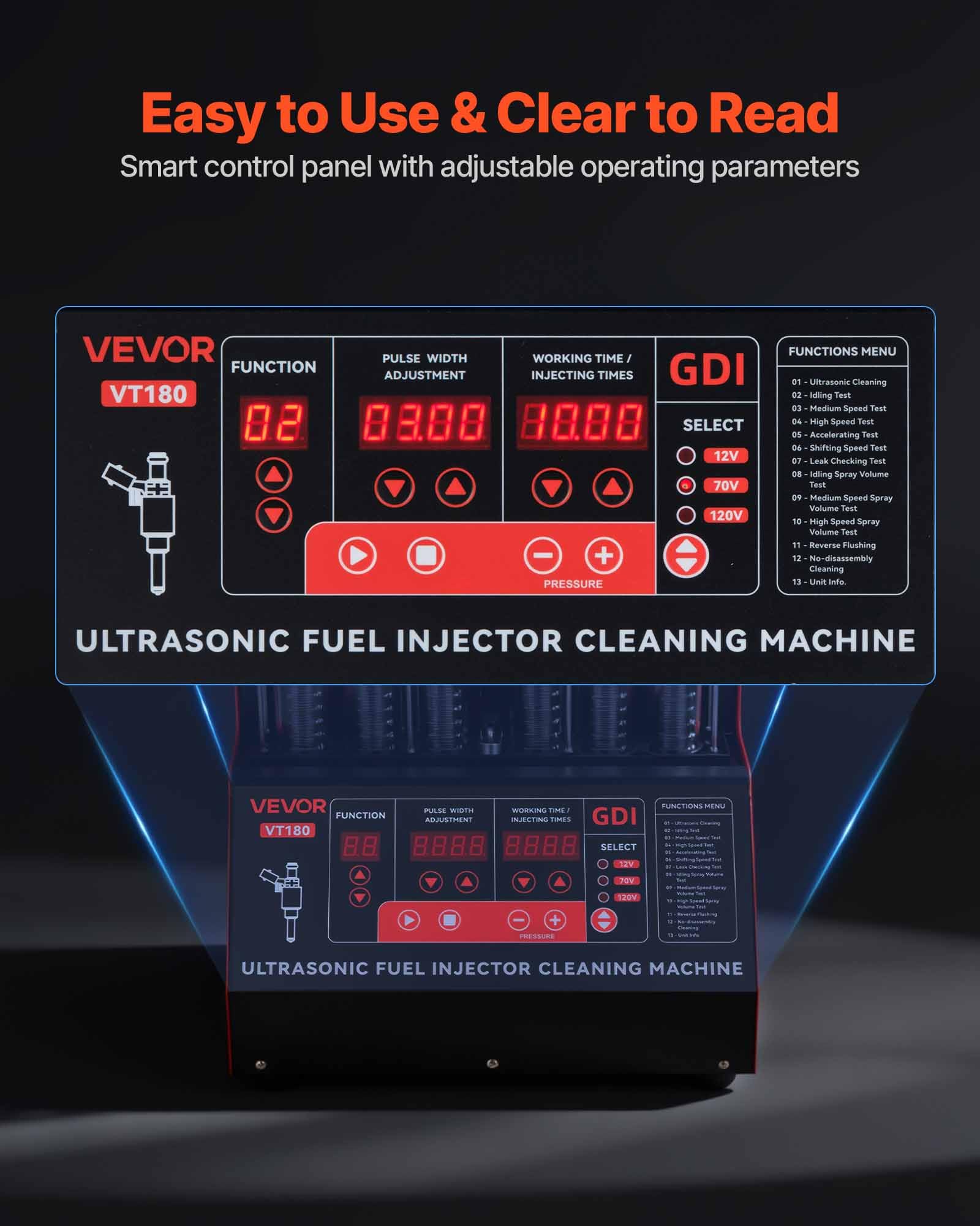 VEVOR Limpiador de Inyectores de Combustible de 6 Cilindros Máquina de Limpieza Ultrasónica 28 kHz Ajustable a 12 V/70 V/120 V para EFI/FSI/GDI, con Válvula de Drenaje para Coches, Motocicletas