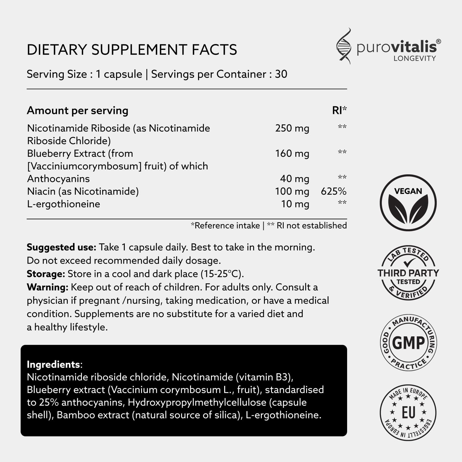 PUROVITALIS NAD+ 520mg, Nicotinamida Ribósido, Ergotioneína, 30 Cápsulas | Energía celular con L-Ergotioneína y antocianinas; reparación del ADN; suministro 1 mes, sin gluten, GMP, vegano