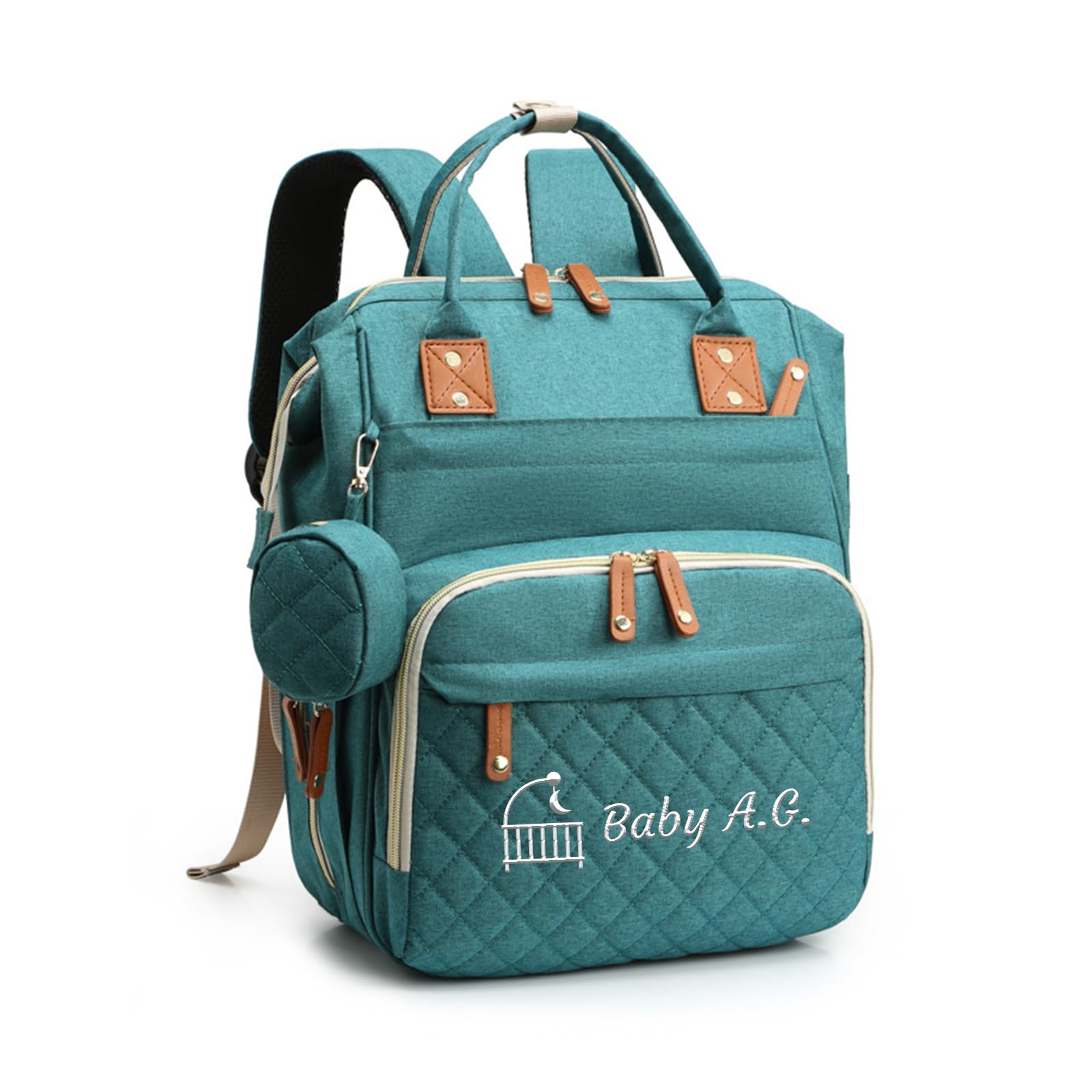 Personalized Changing Bag, Embroidered Baby Changing Bags with Custom Text, Water Resistant Baby Bag, Nappy Changing Backpacks with 17 Pockets, 20L Large Diaper Bag for Mom and Dad (Green)
