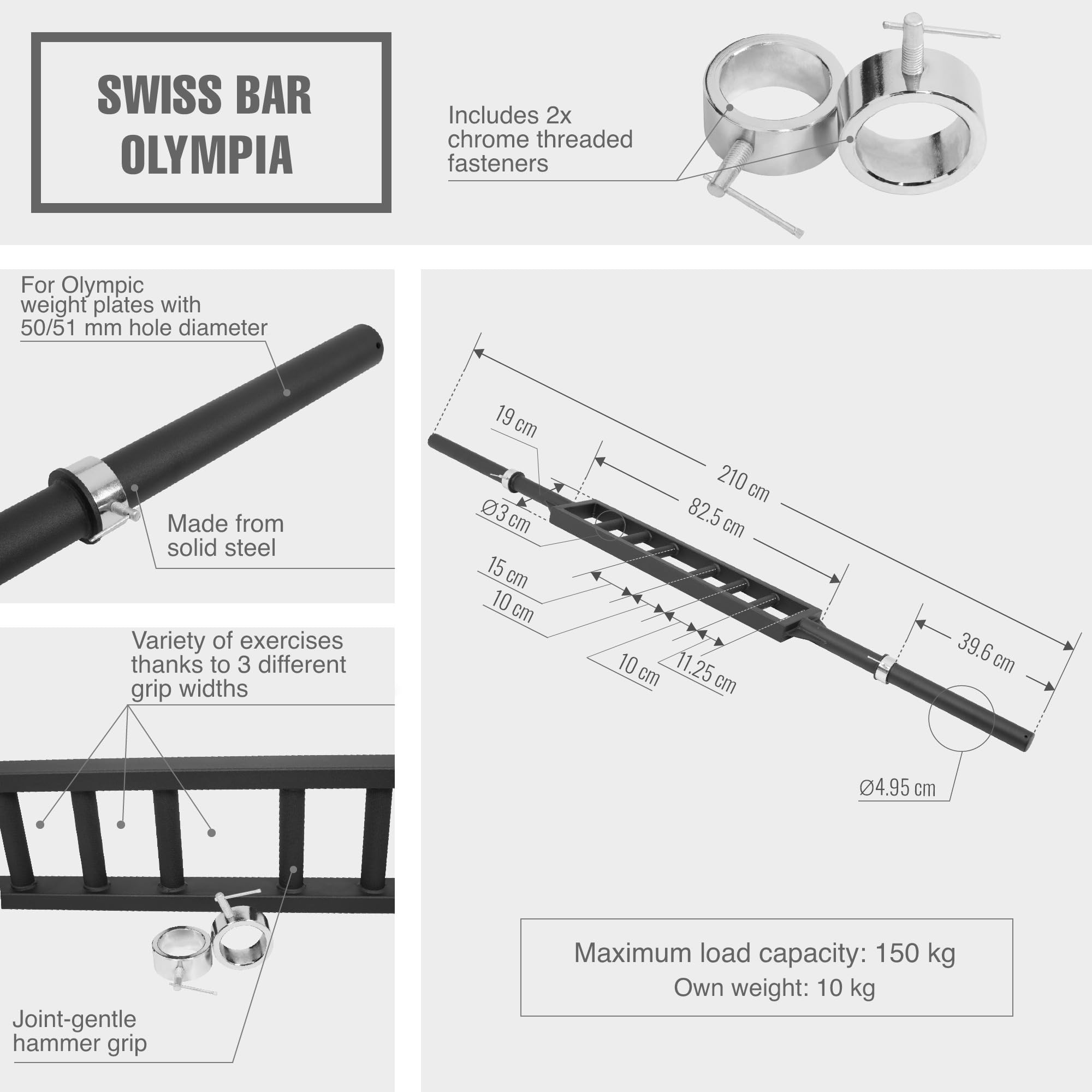 GORILLA SPORTS® Olympia Multi-Grip-Bar 211 cm, 50 mm, bis 150 kg | Swiss Bar aus Stahl mit 3 Griffweiten, neutraler Griffposition und 2 Schnellverschlüssen für Brust, Arme und Rücken