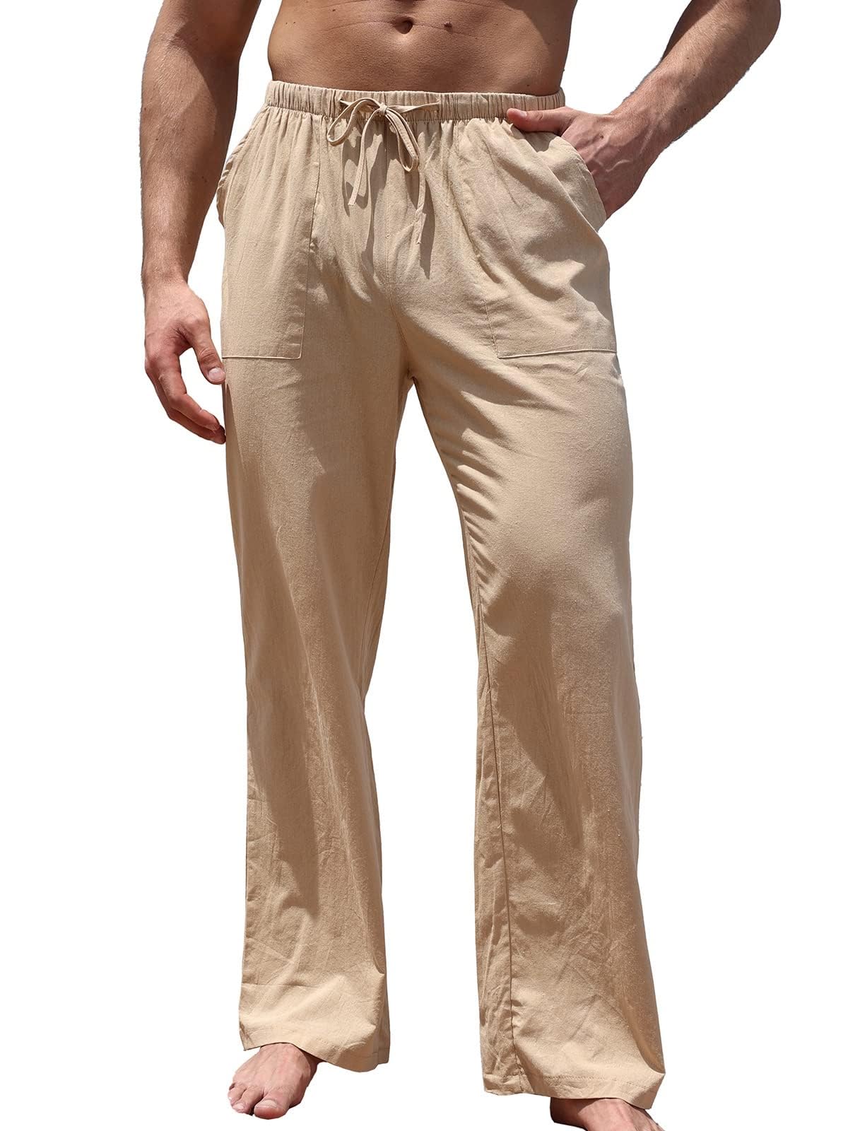 ALSOGO Men's Casual Linen Pants Elastic Drawstring Waist Summer Beach Yoga Long Trousers with Pockets(Khaki,Large)
