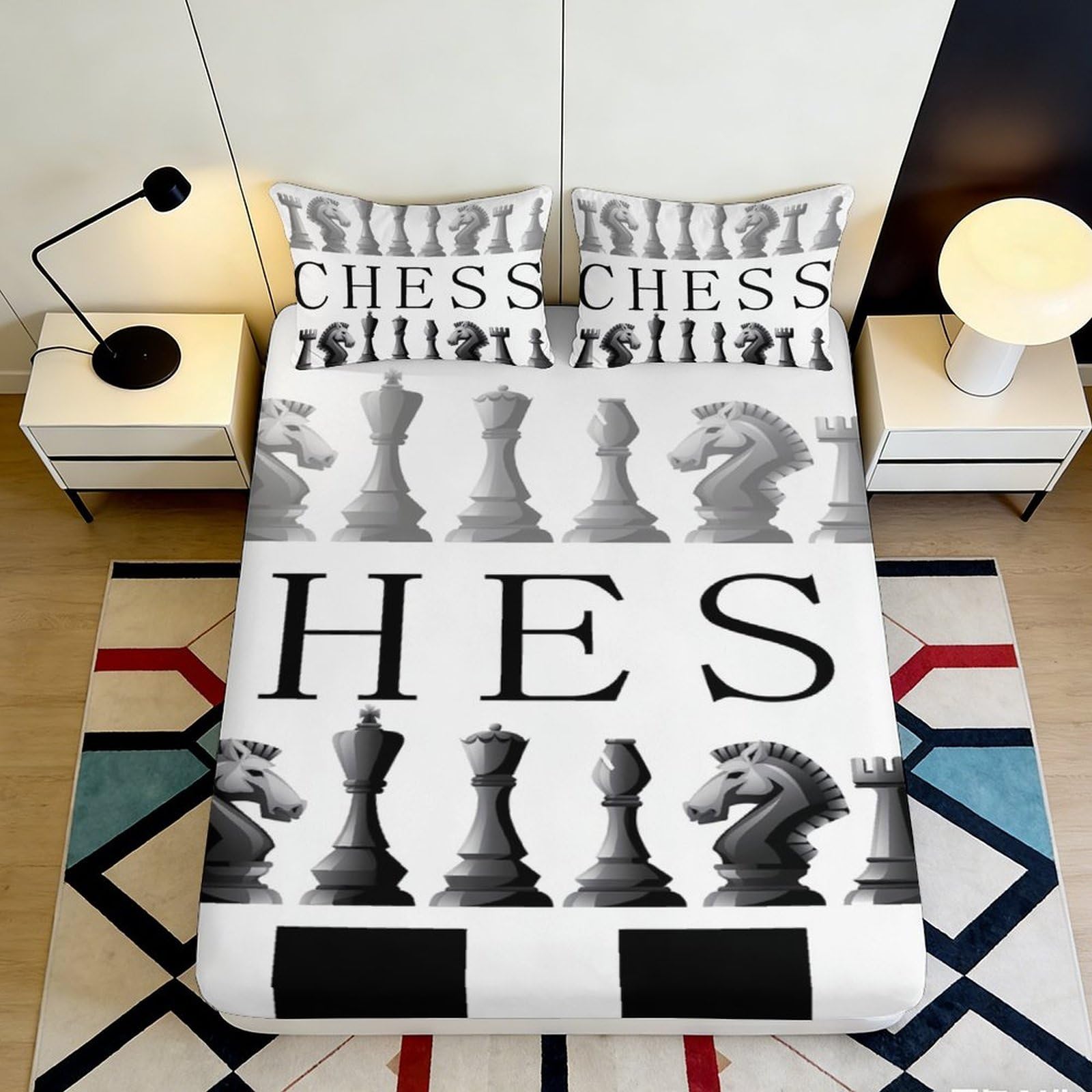 3D Printed Chess Game Fitted Sheet Microfiber Bedroom Decor Board Pieces Bed Cover for Home Dorm Easy Care 90x200x25cm
