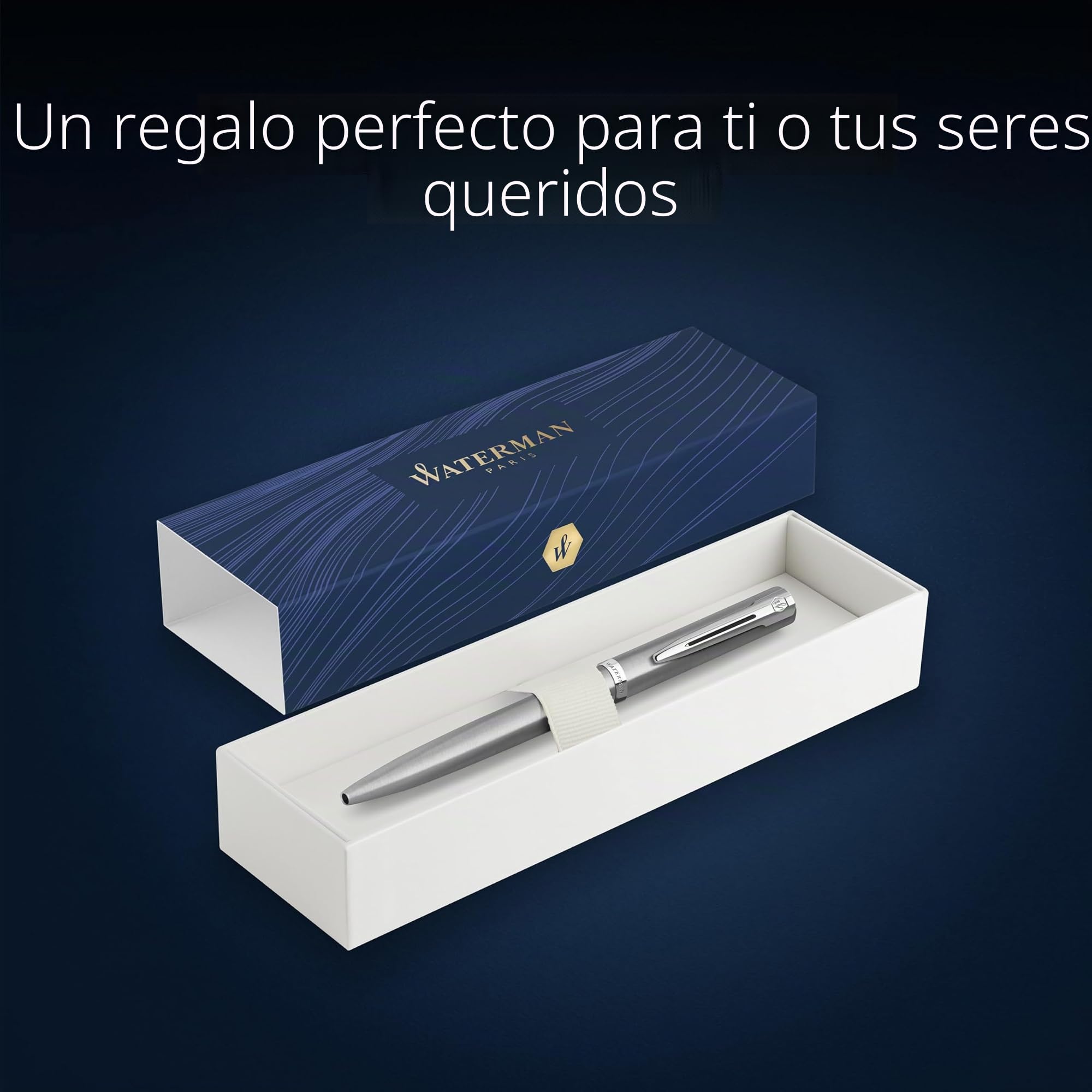 Waterman Impression Bolígrafo | Punta media con recarga de tinta azul | Acero inoxidable con adornos chapados en paladio | Caja de regalo