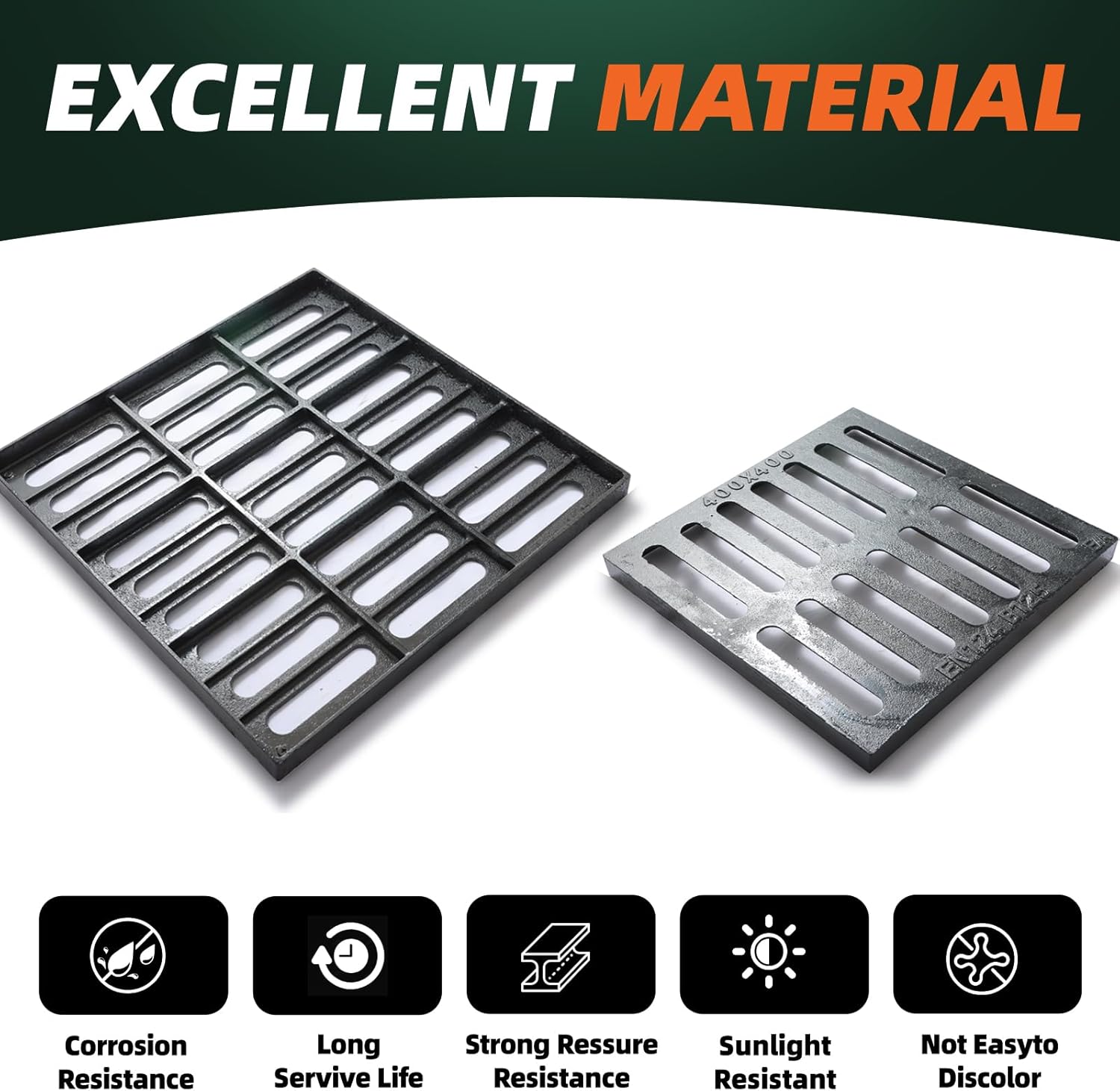 Cast Iron Drain Grate, 16 * 16in Outdoor Drain Cover, Heavy Duty B125 Class Channel Grate, Black Square Drainage Grate, Metal Sewer Grate for Concrete Floor, Yard, Driveway & Garage.