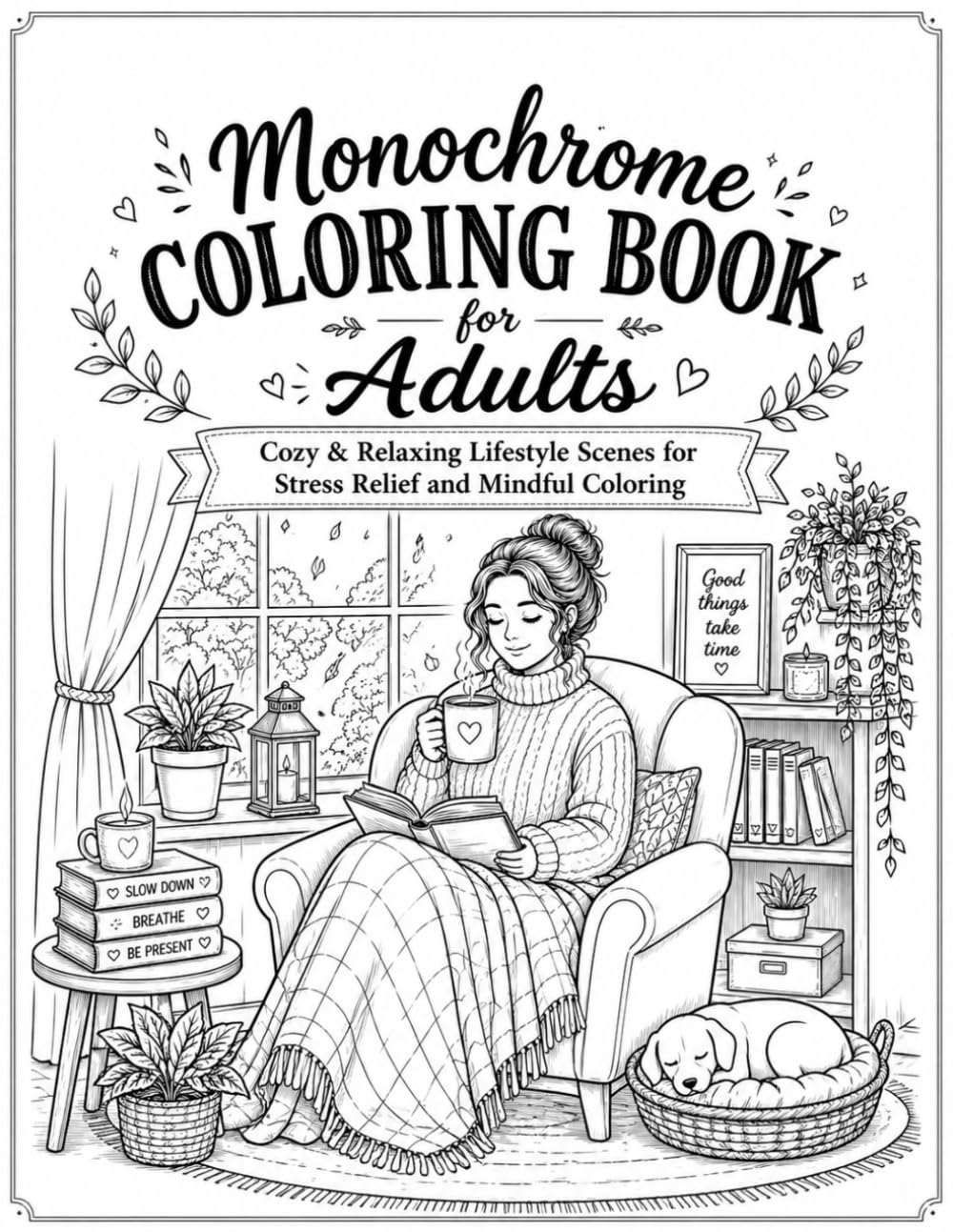 Monochrome Coloring Book for Adults: Cozy & Relaxing Lifestyle Scenes for Stress Relief and Mindful Coloring