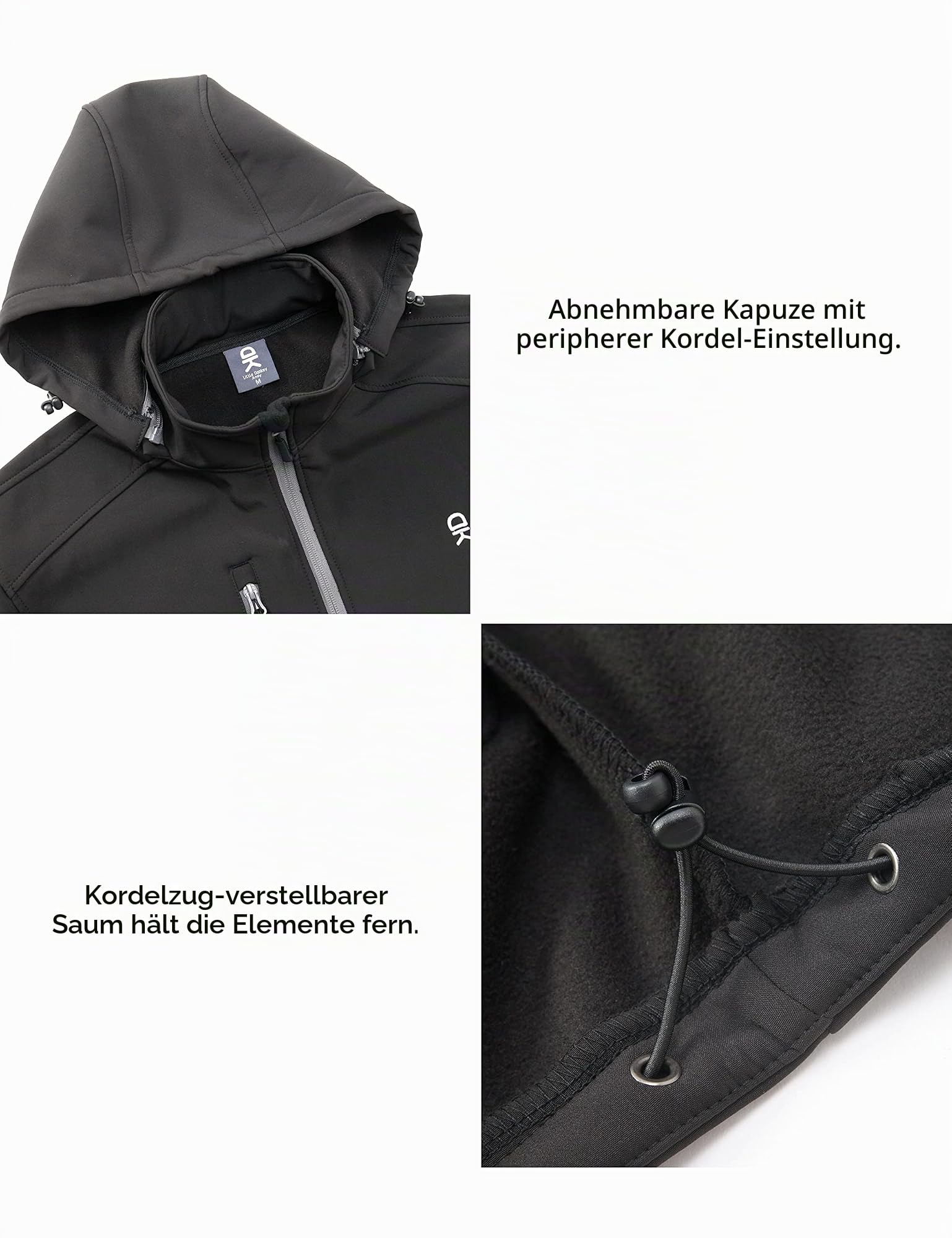 Little Donkey Andy Softshelljacke für Damen mit abnehmbarer Kapuze, Fleecefutter und Wasserabweisend Schwarz XS