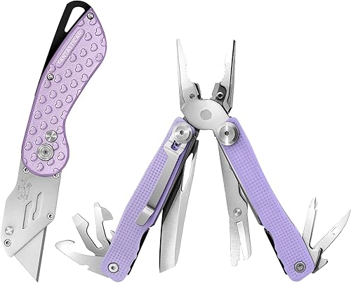 FantastiCAR Alicates multifuncionales morados y cortador de caja de cuchillos utilitarios con juego de cuchillas adicionales, cuerpo de acero