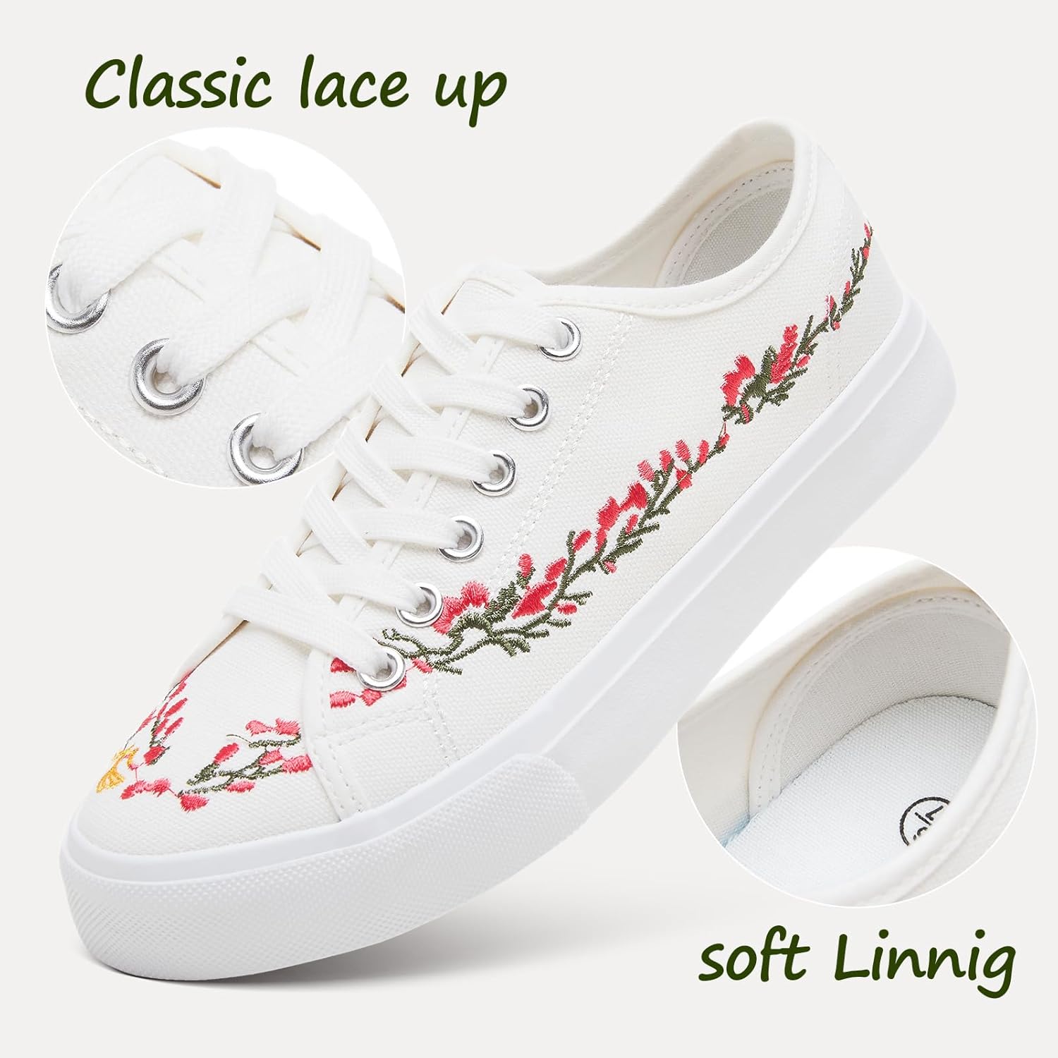 yageyan Womens White Embroidery Canvas Sneakers Low Top Tennis Shoes Womens Causal Sneakers - Image 3